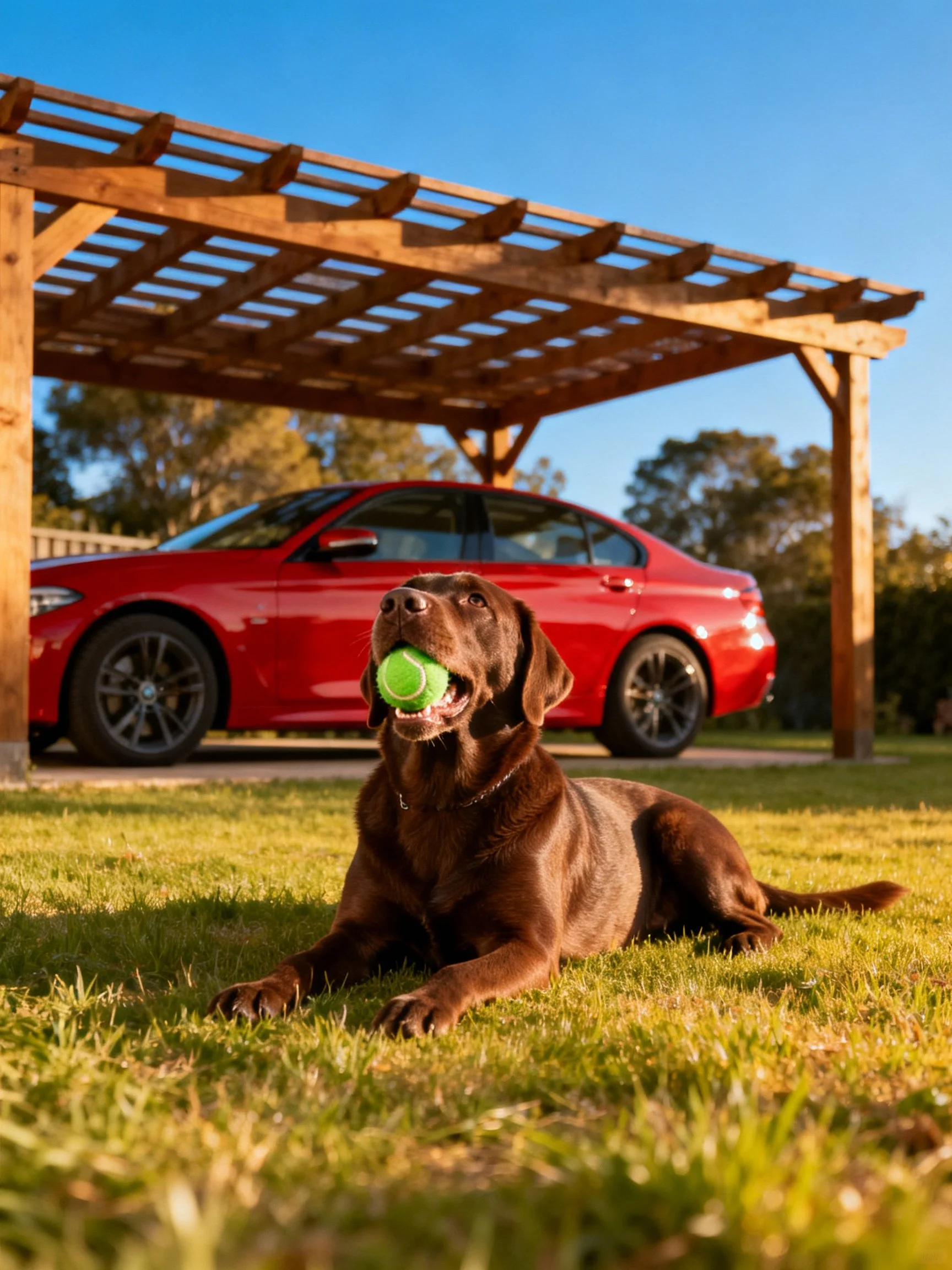 A chocolate dog rests on grass near a red car under a wooden pergola