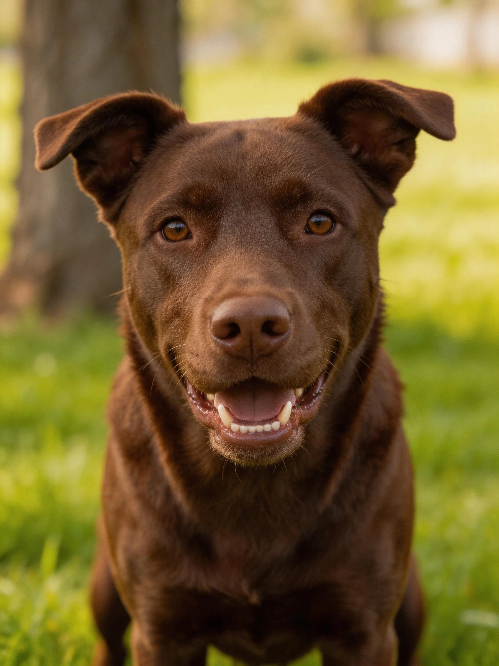 A chocolate dog smiles in a grassy outdoor area