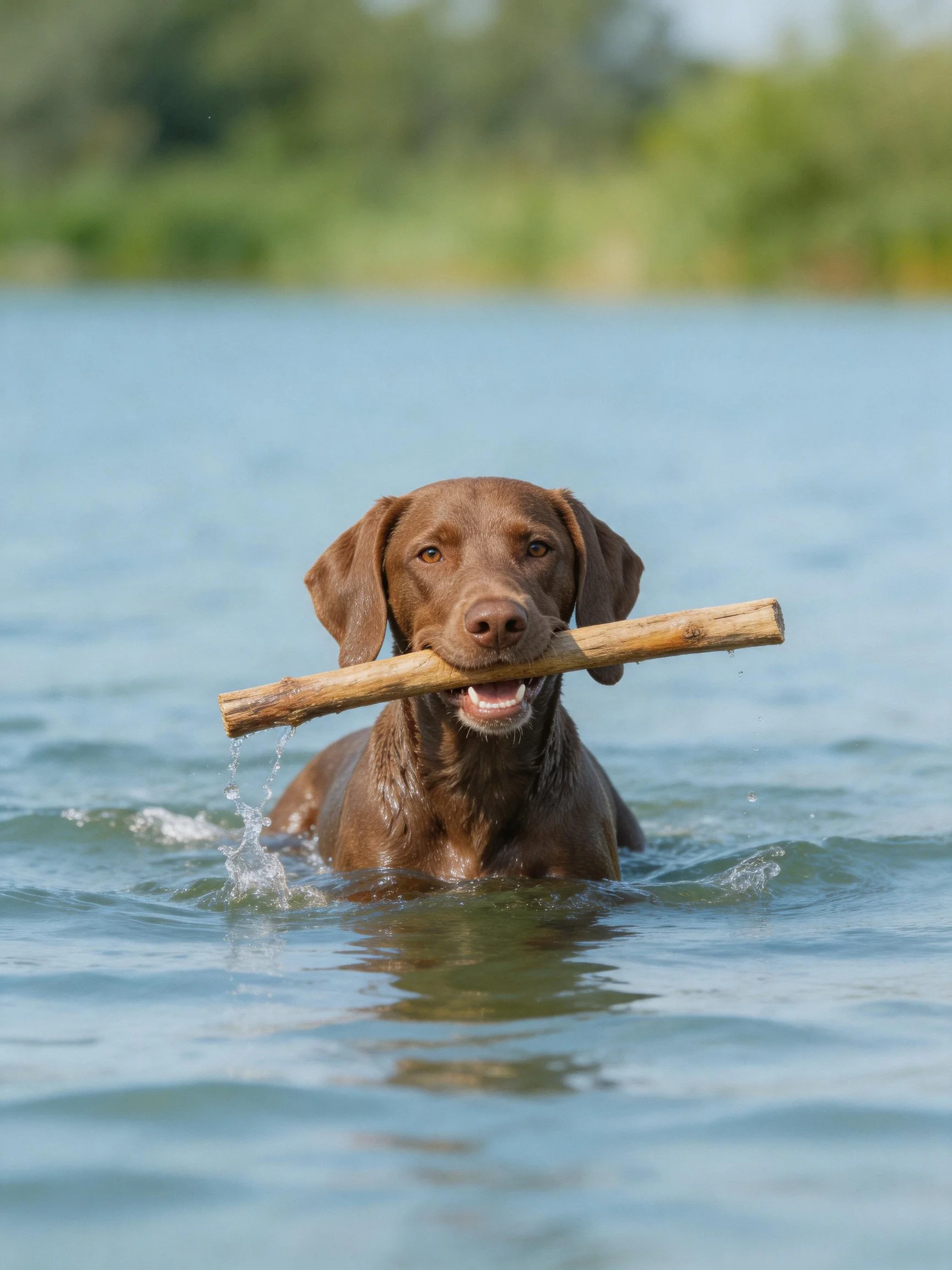 A chocolate dog swims with a wooden stick in calm water