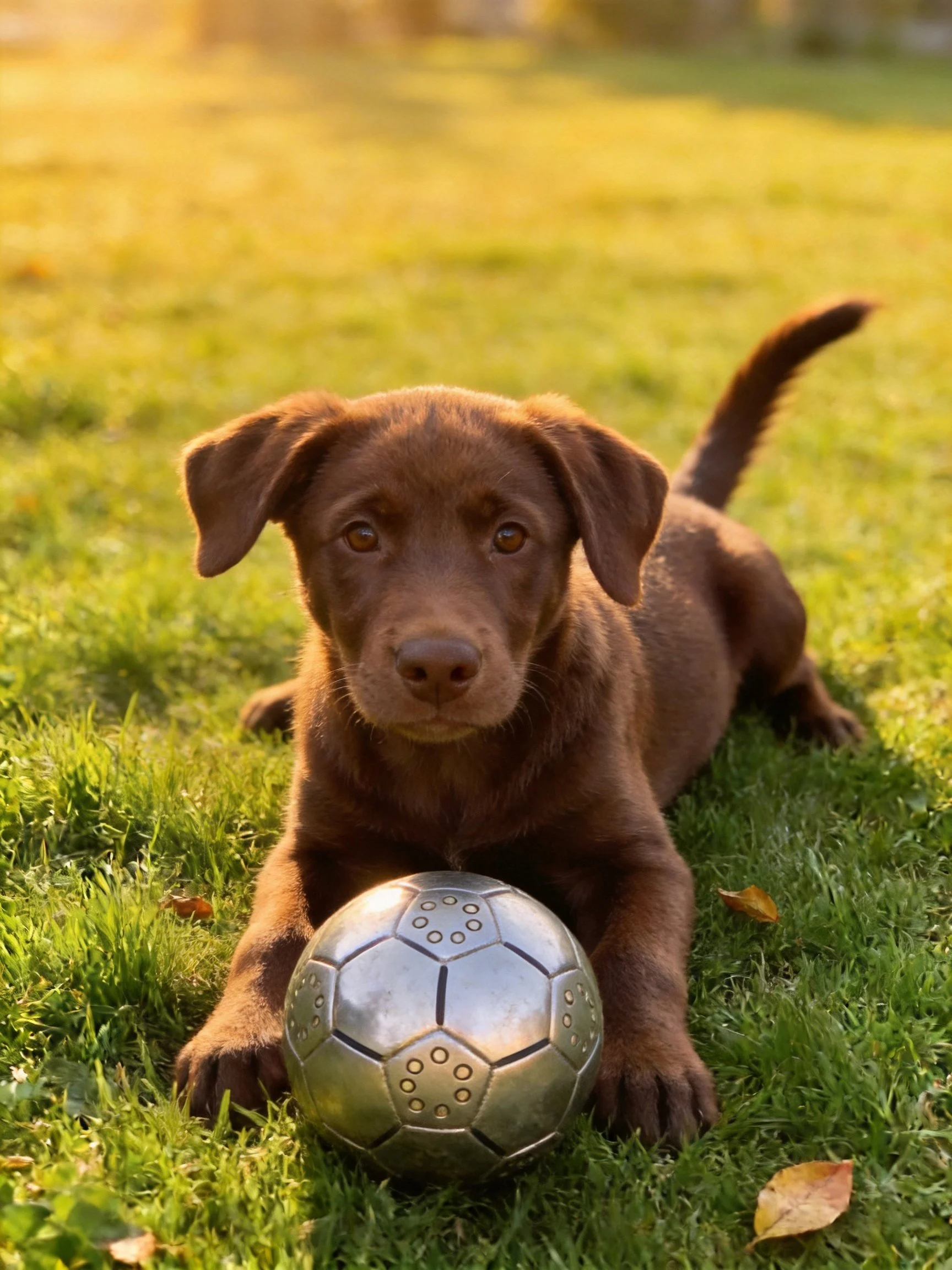 A chocolate lab puppy rests beside a metallic soccer ball on green grass