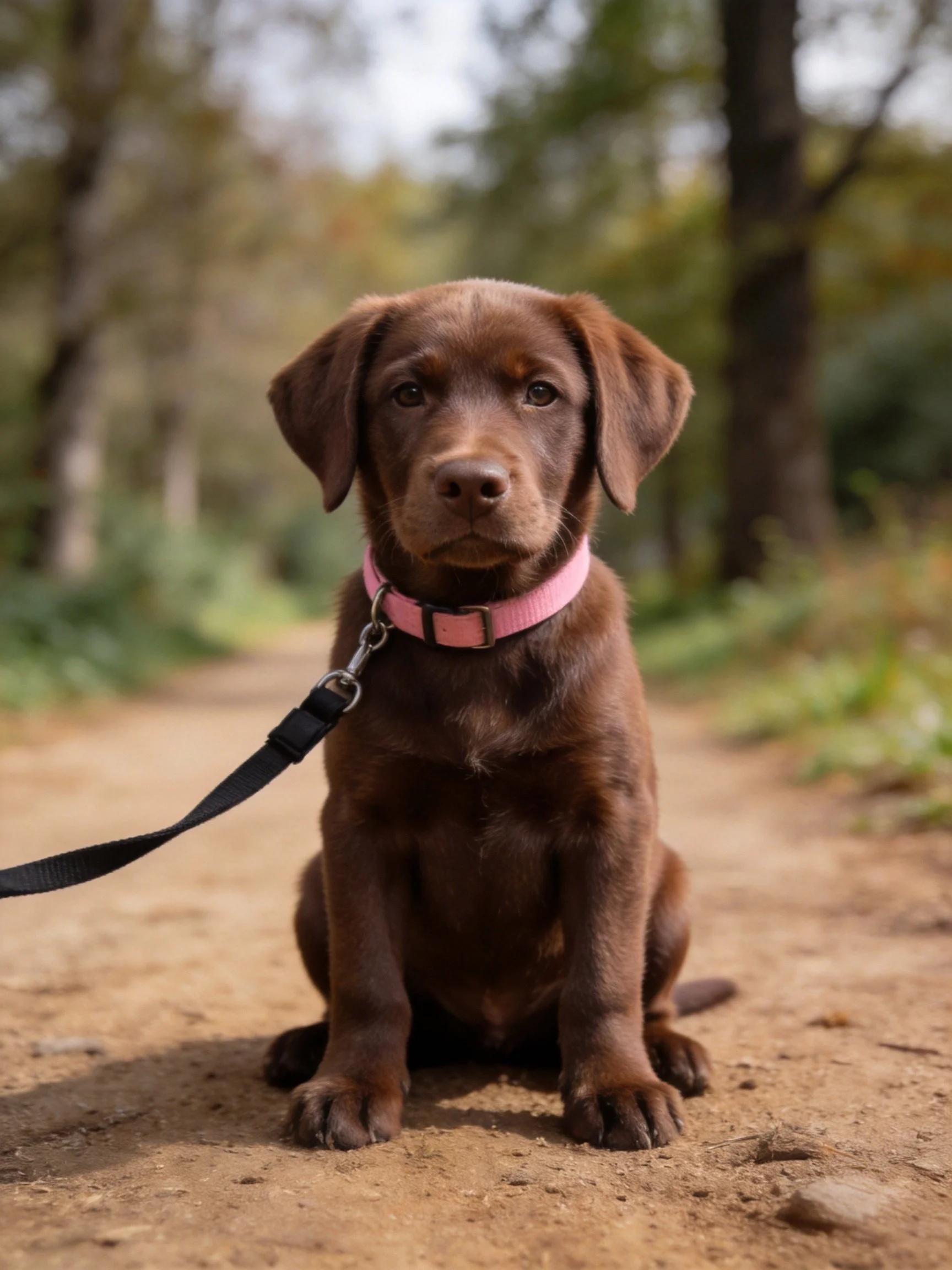 A chocolate labrador puppy with a pink collar sits on a dirt path