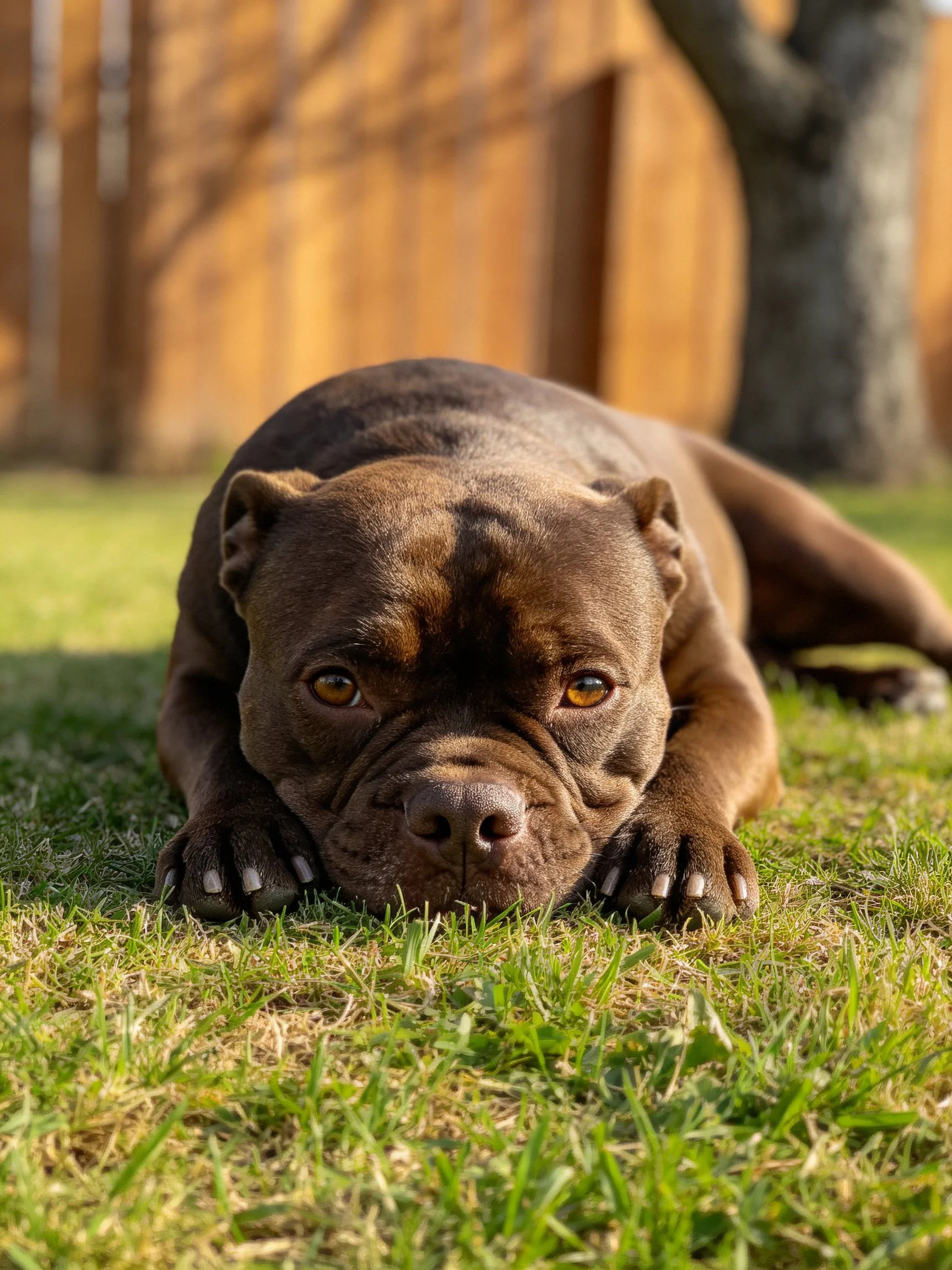 A chocolate pit bull rests on green grass near a wooden fence