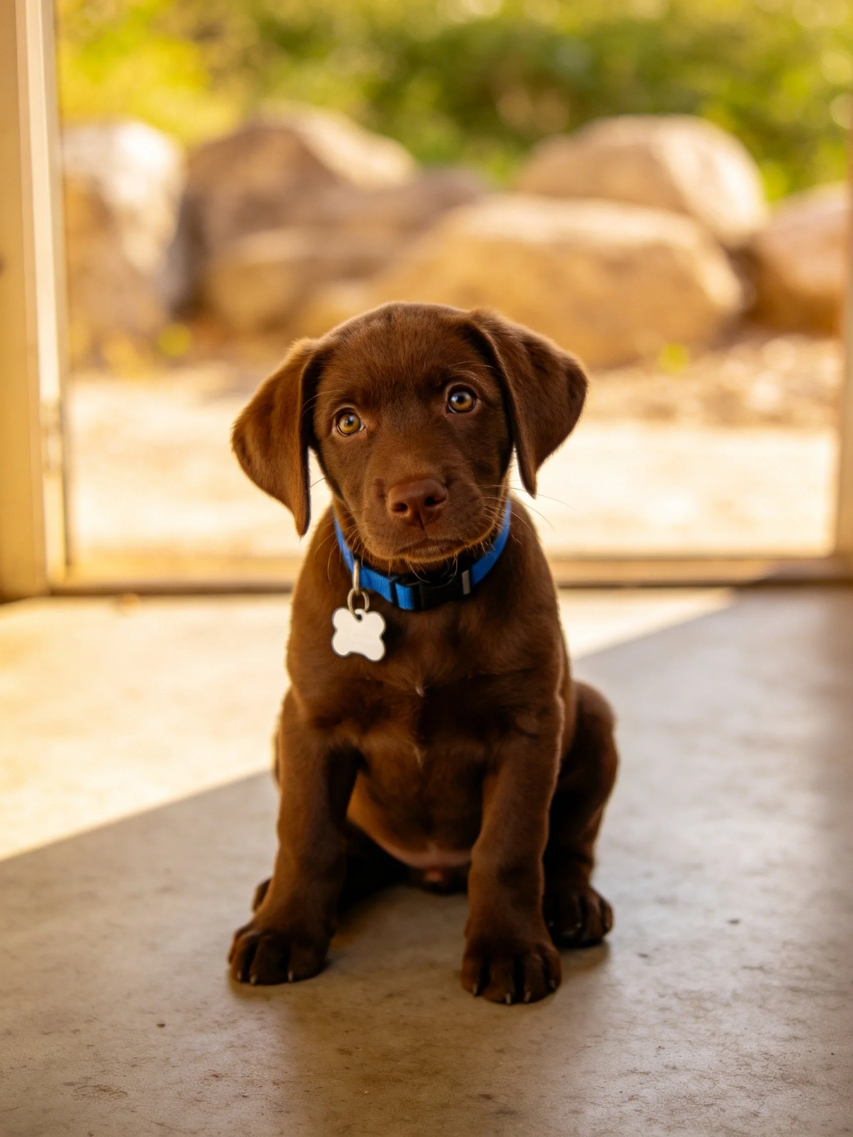 A chocolate puppy with blue collar sits by glass doors