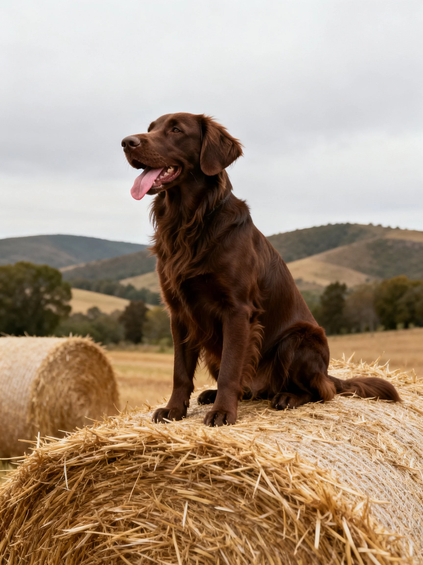 A chocolate retriever sits on a hay bale in a rural field