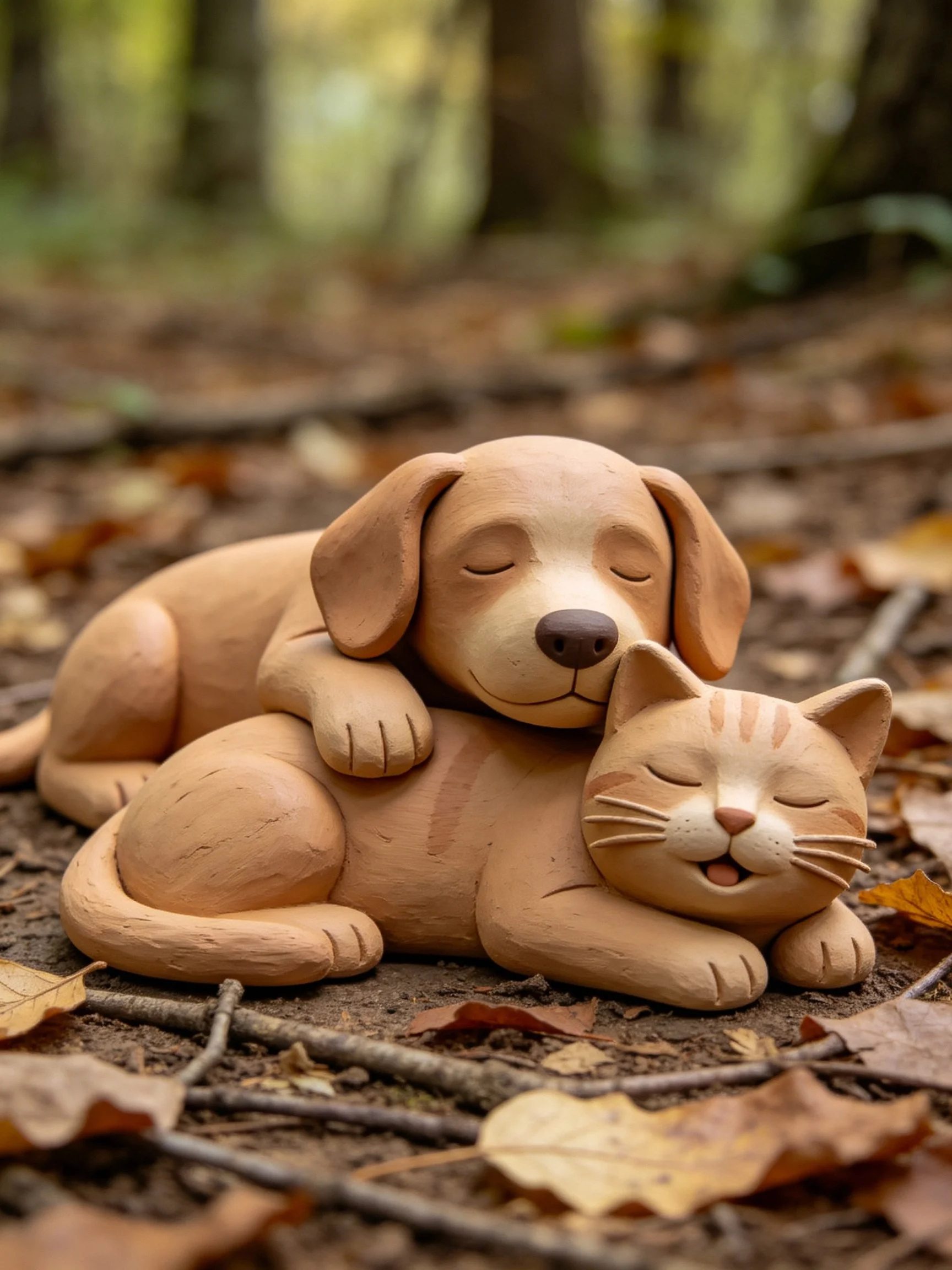 A clay dog and cat sculpture resting among autumn leaves