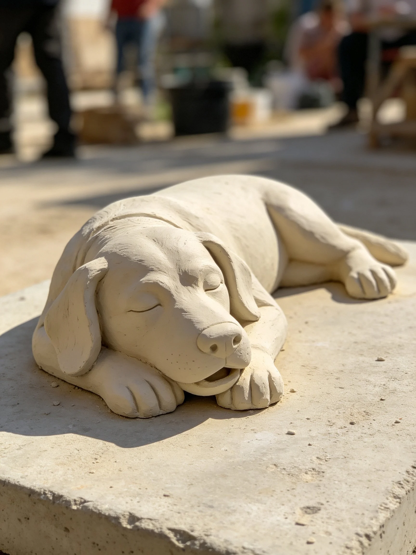 A clay sculpture of a sleeping dog on a concrete block