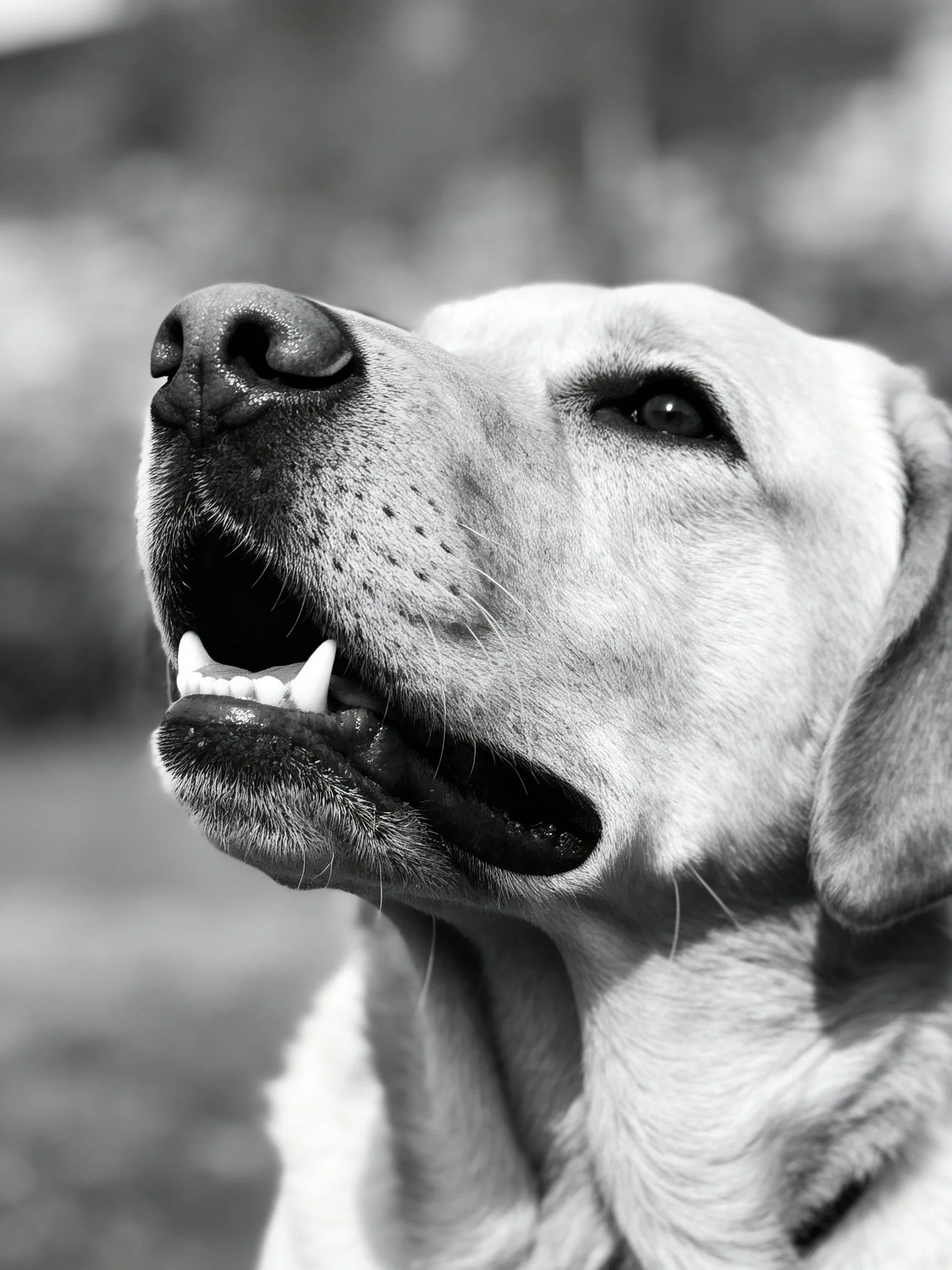 A close - up black and white photo shows a Labrador Retriever gazing upward.
