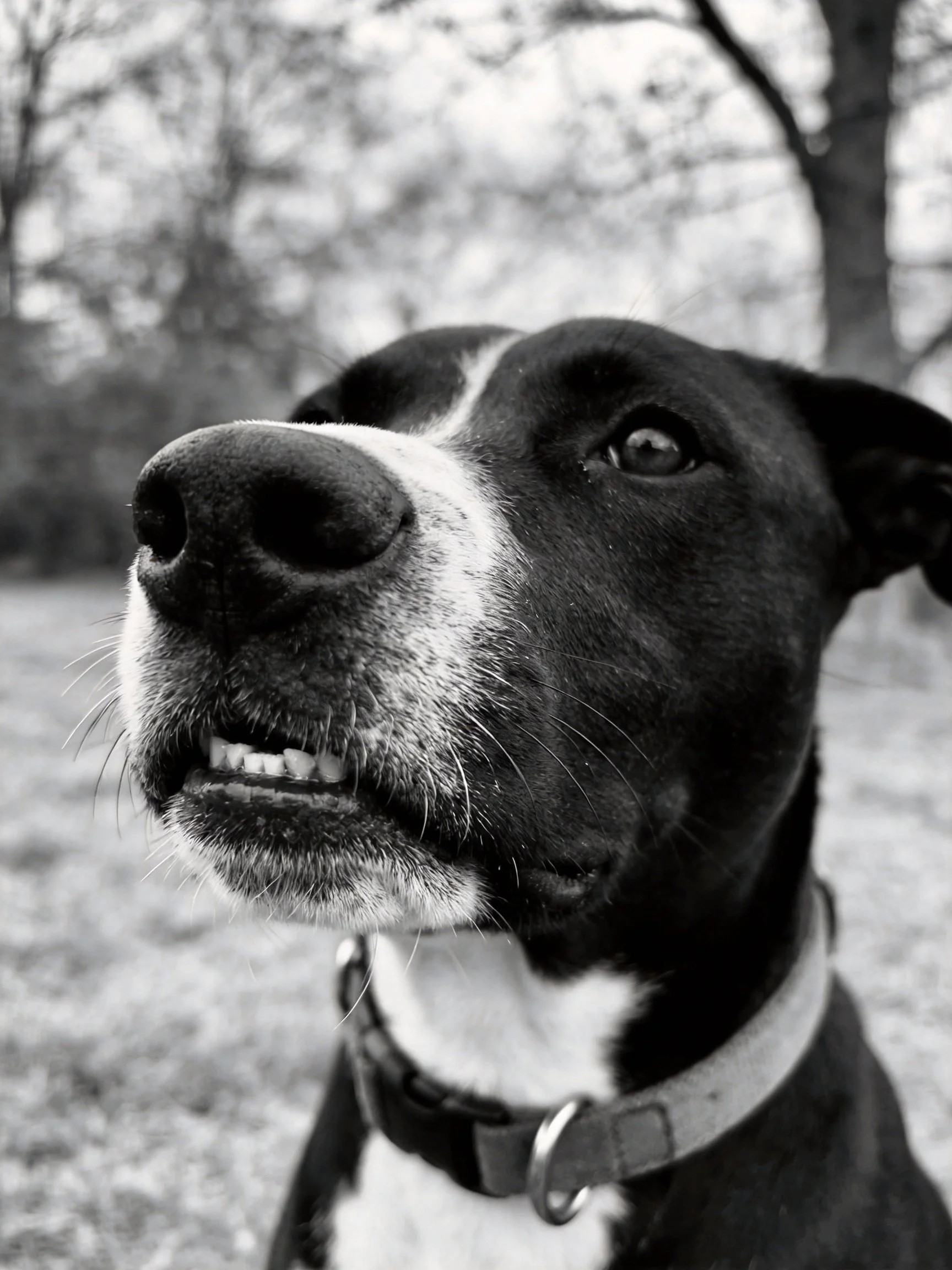 A black and white close - up of a dog with a collar gazes upward in a blurred outdoor scene.