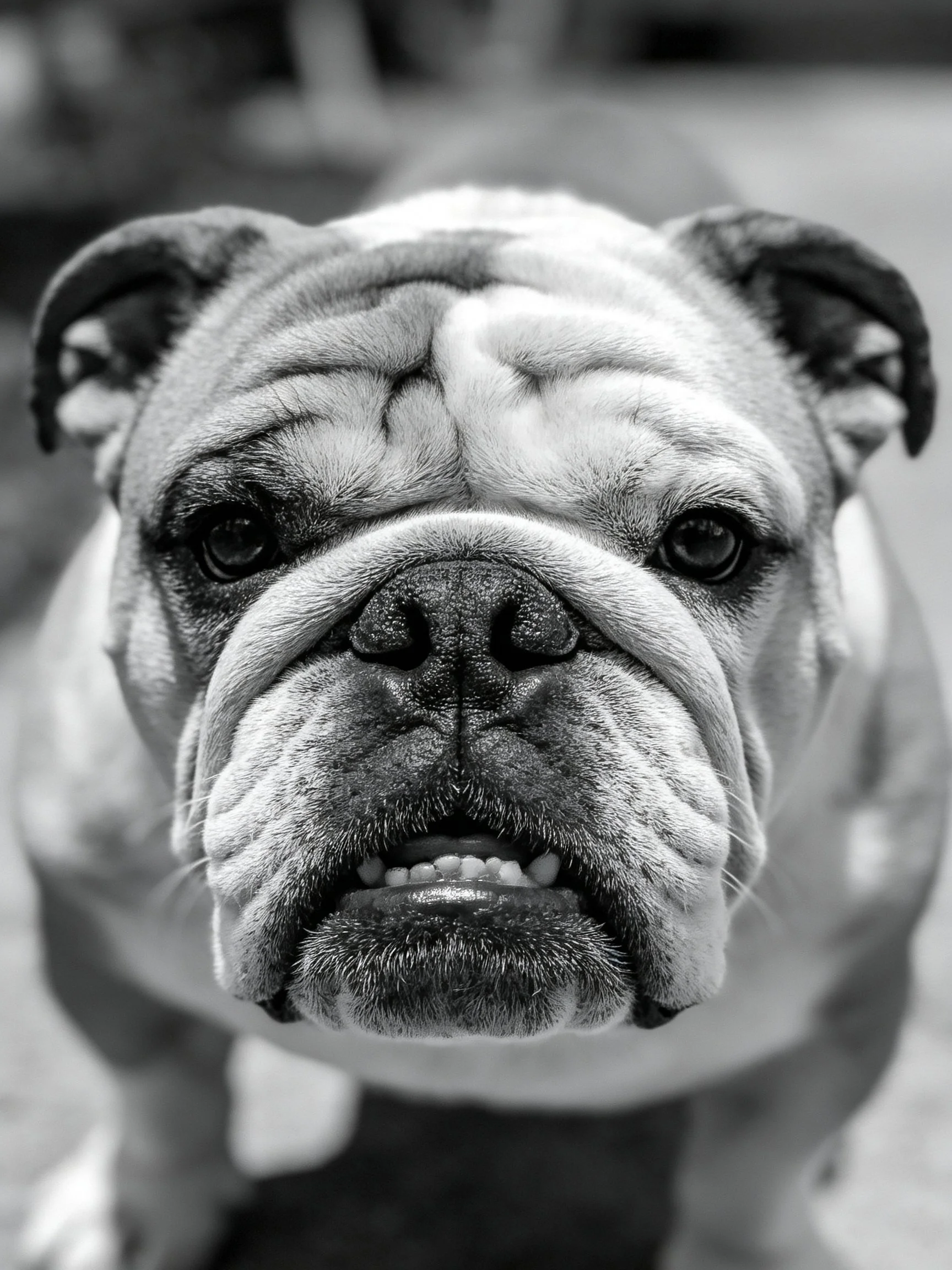 A close - up black - and - white image focuses on an English Bulldog’s facial features.