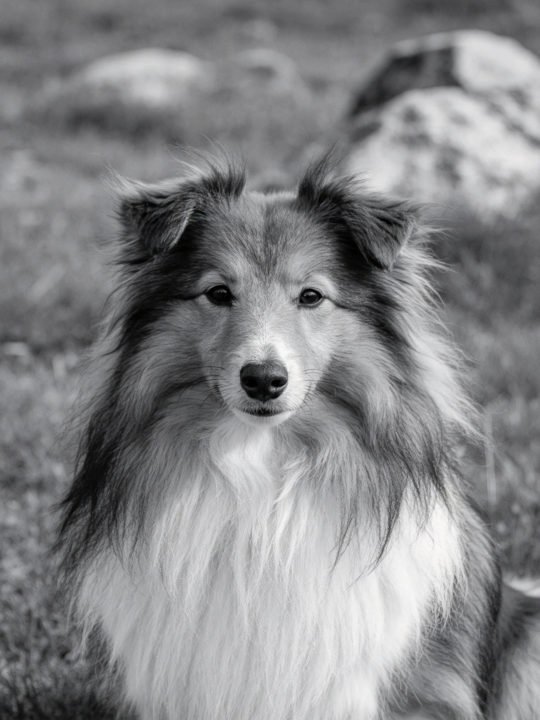 A close-up of a Sheltie dog with long, shaggy fur