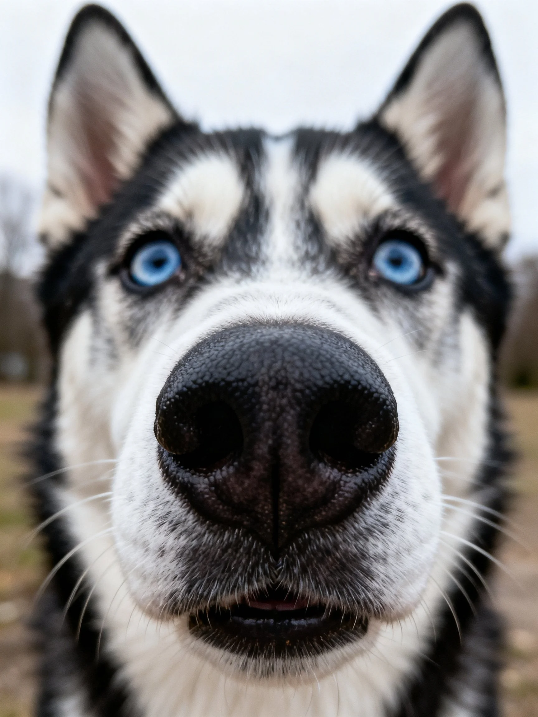 A close - up of a Siberian Husky with striking blue eyes