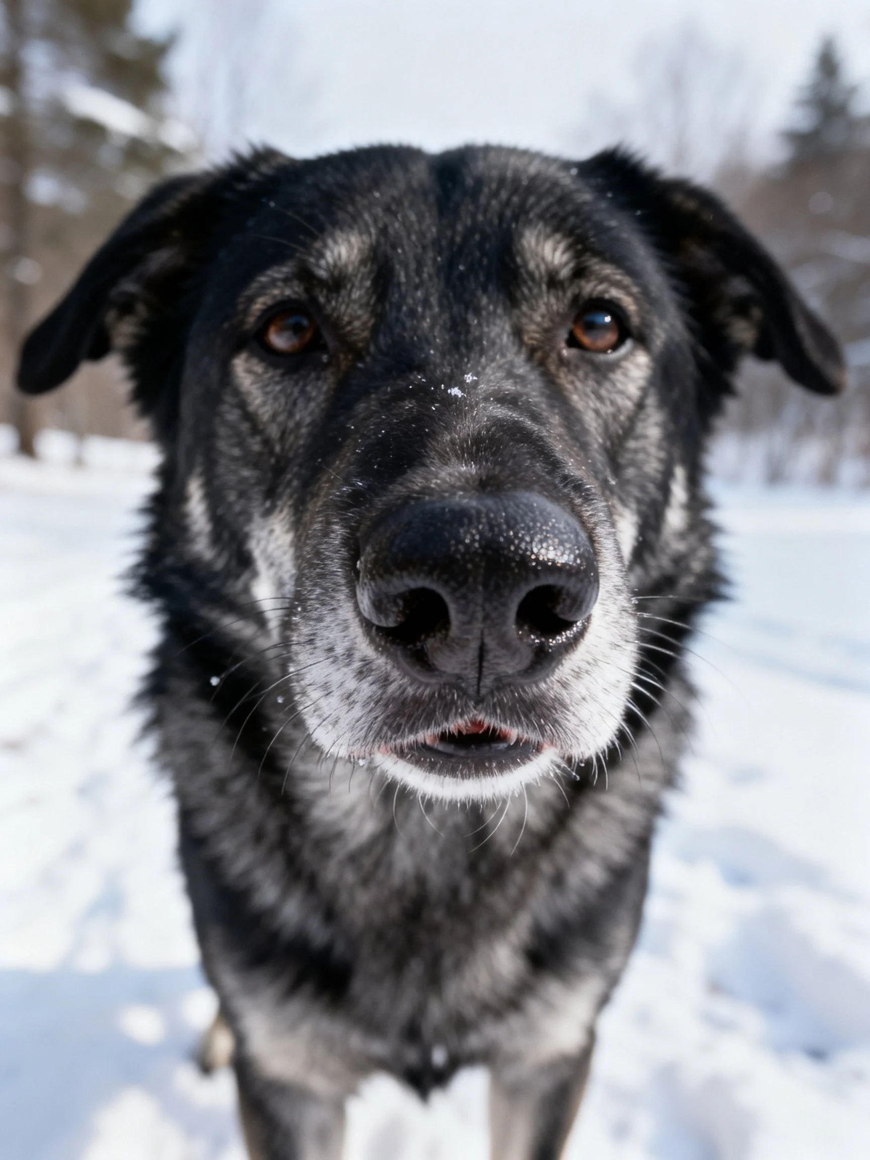 A close - up of a black and gray dog in snowy landscape