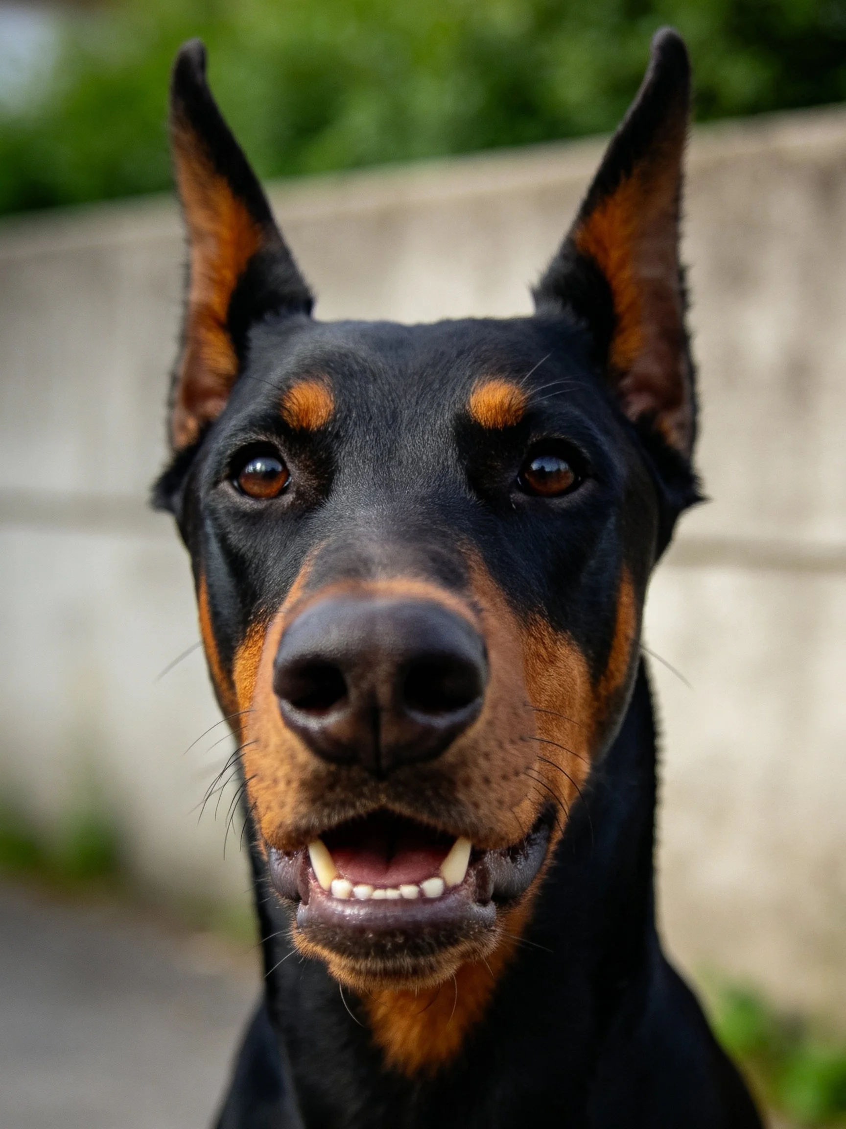 A close - up of a black and tan Doberman with upright ears