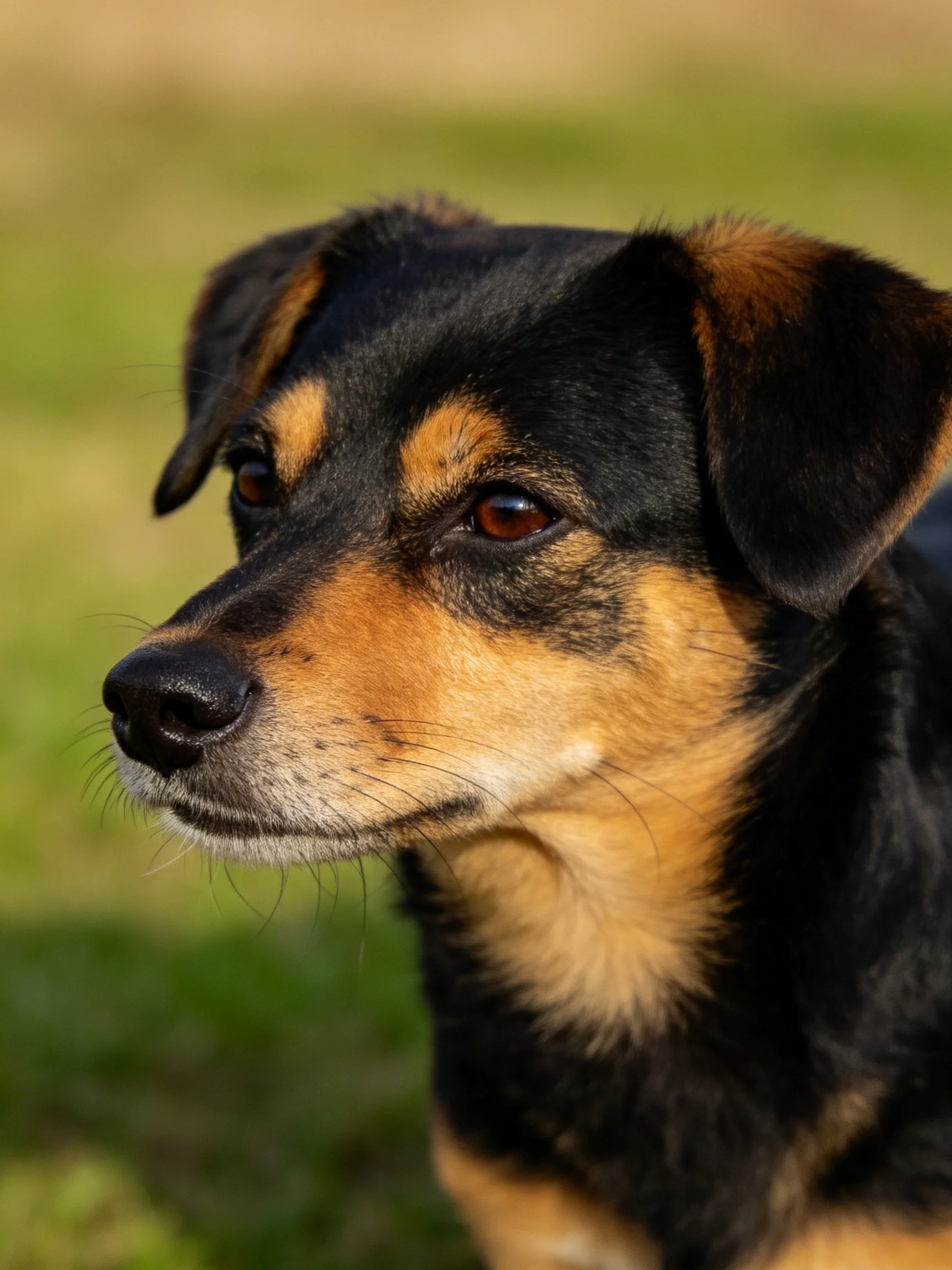 A close - up of a black and tan mixed - breed dog outdoors