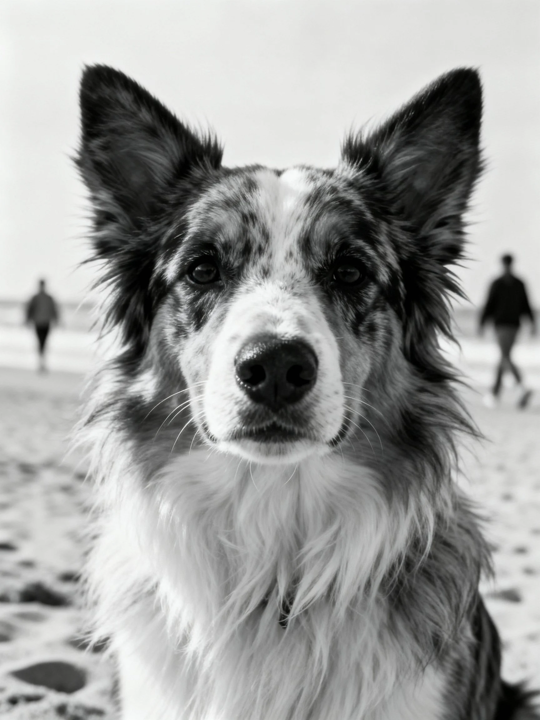 A close - up of a black and white dog on a sandy beach