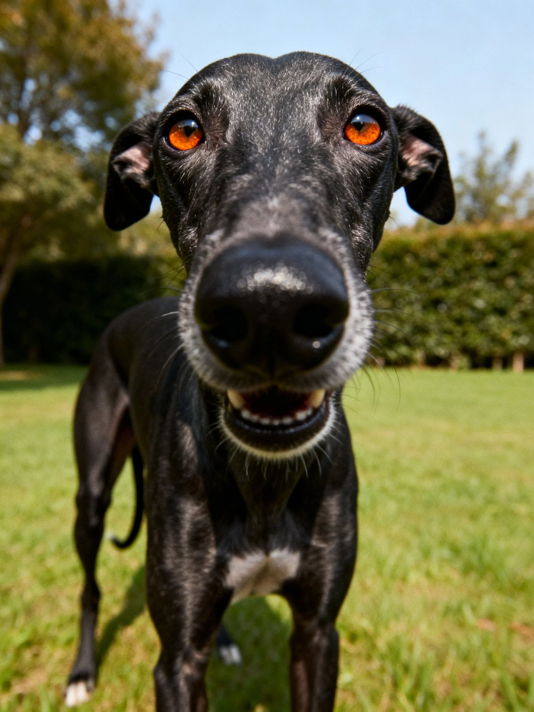 A close - up of a black greyhound with bright orange eyes