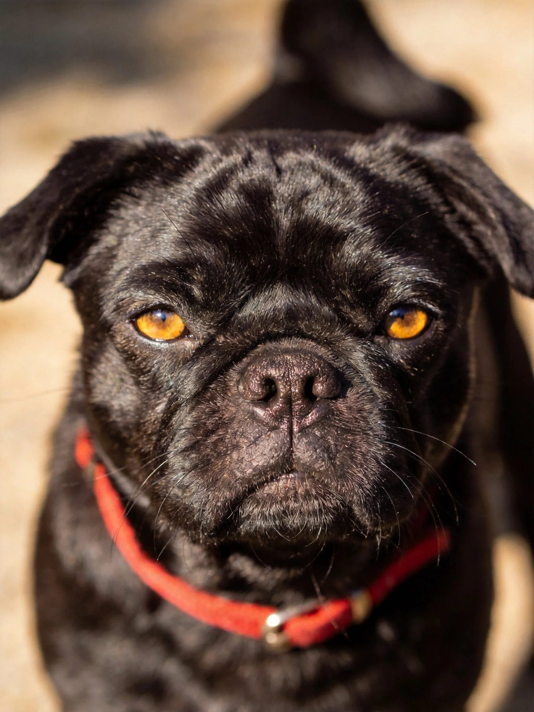 A close - up of a black pug with bright yellow eyes and red collar