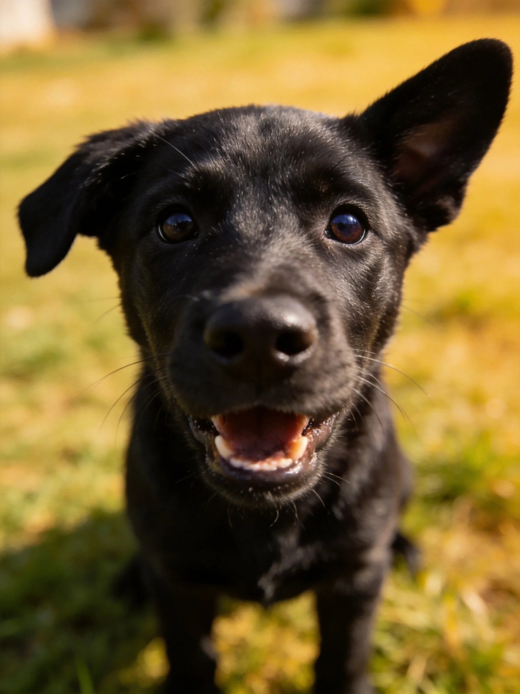 A black puppy looks directly at the camera in a sunny outdoor environment.