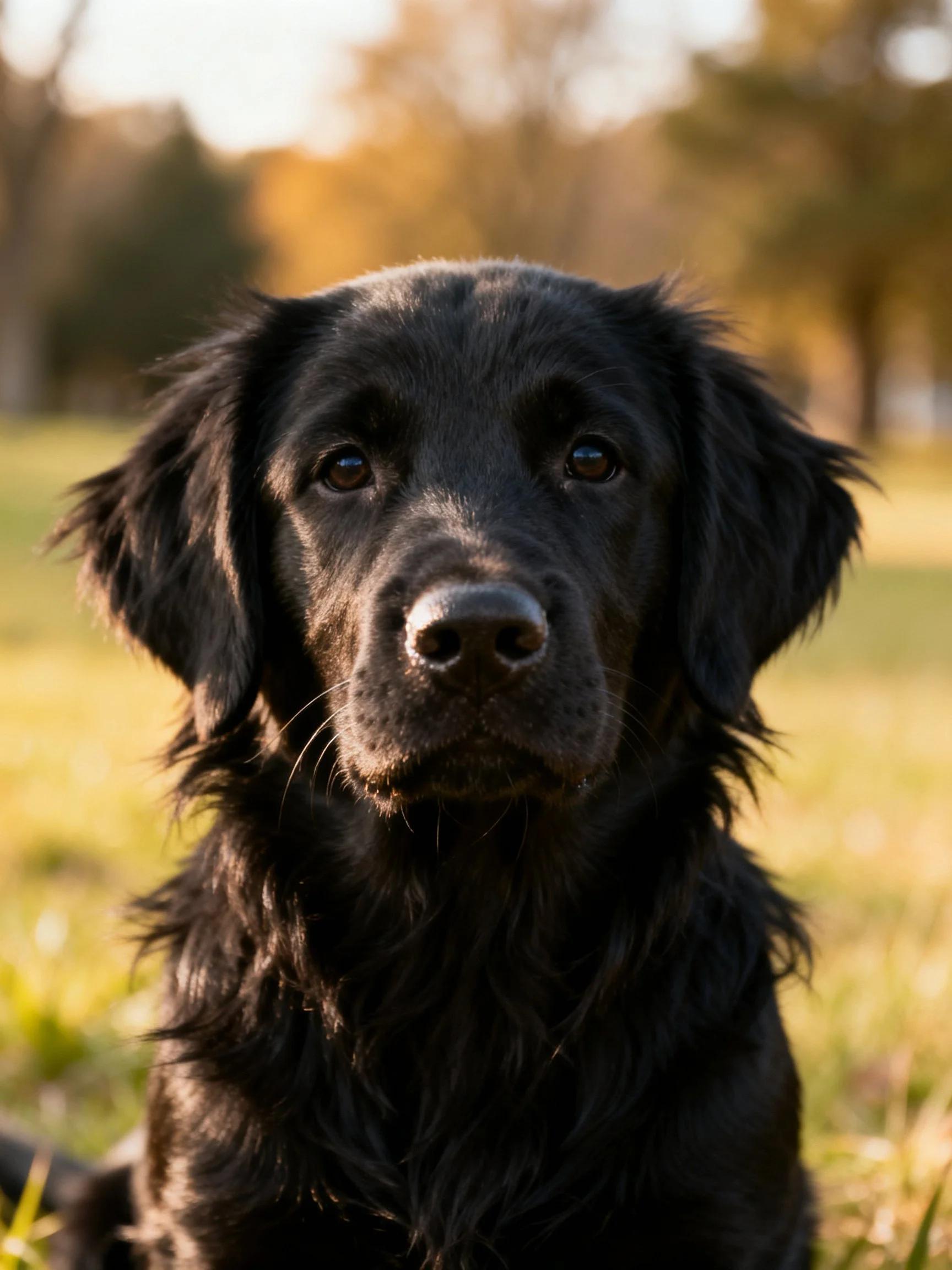 A black retriever puppy is photographed up close in a sunlit outdoor setting.