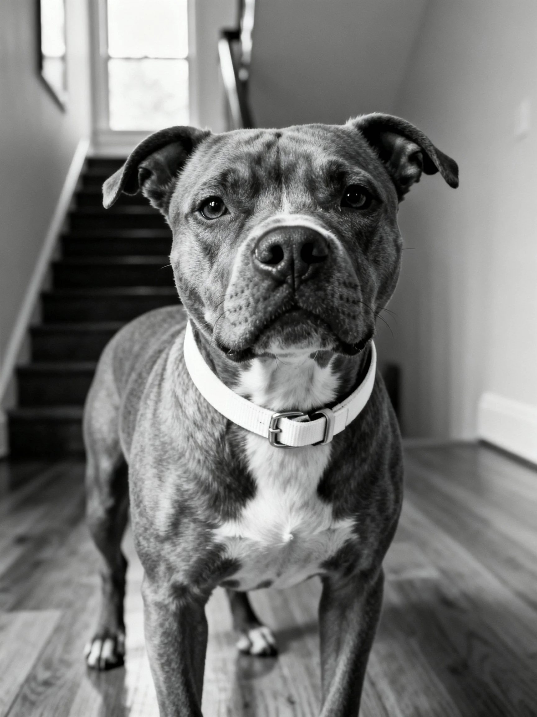 A close - up of a brindle - coated dog with a white collar
