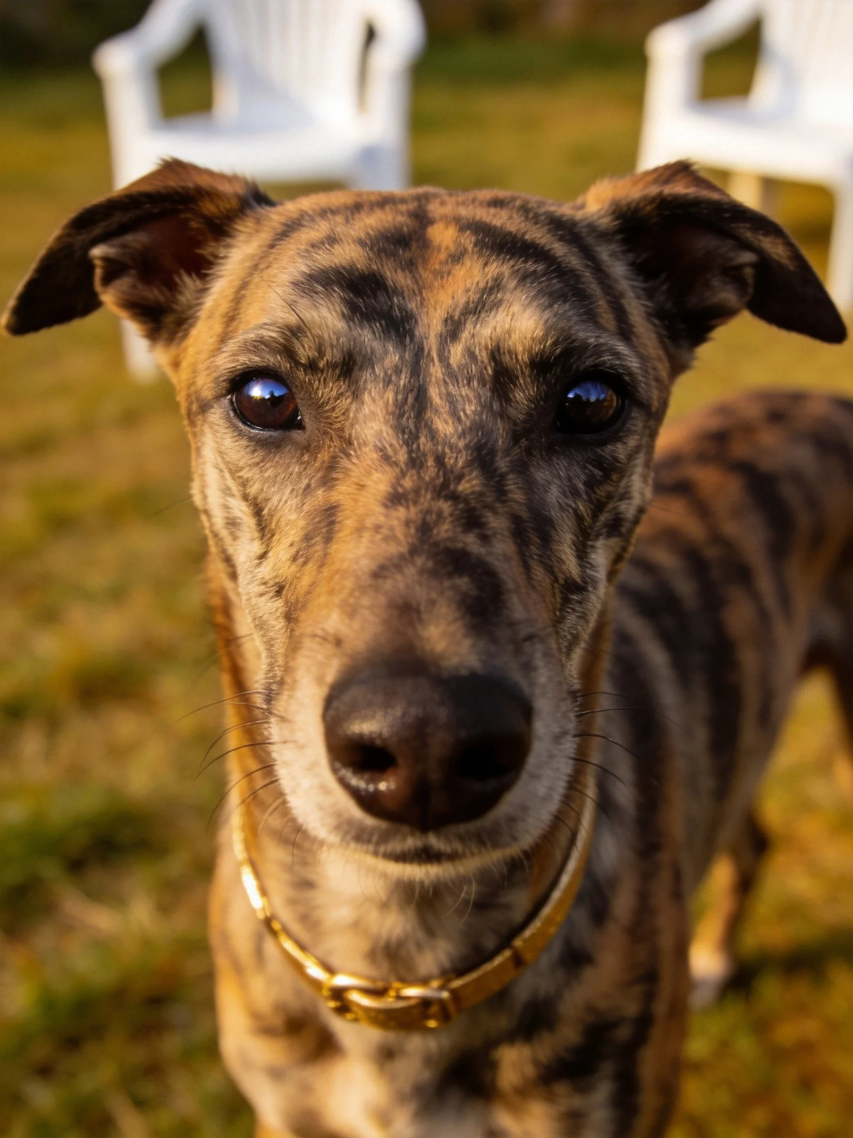 A brindle-patterned dog with a gold collar is near white chairs in an outdoor setting.
