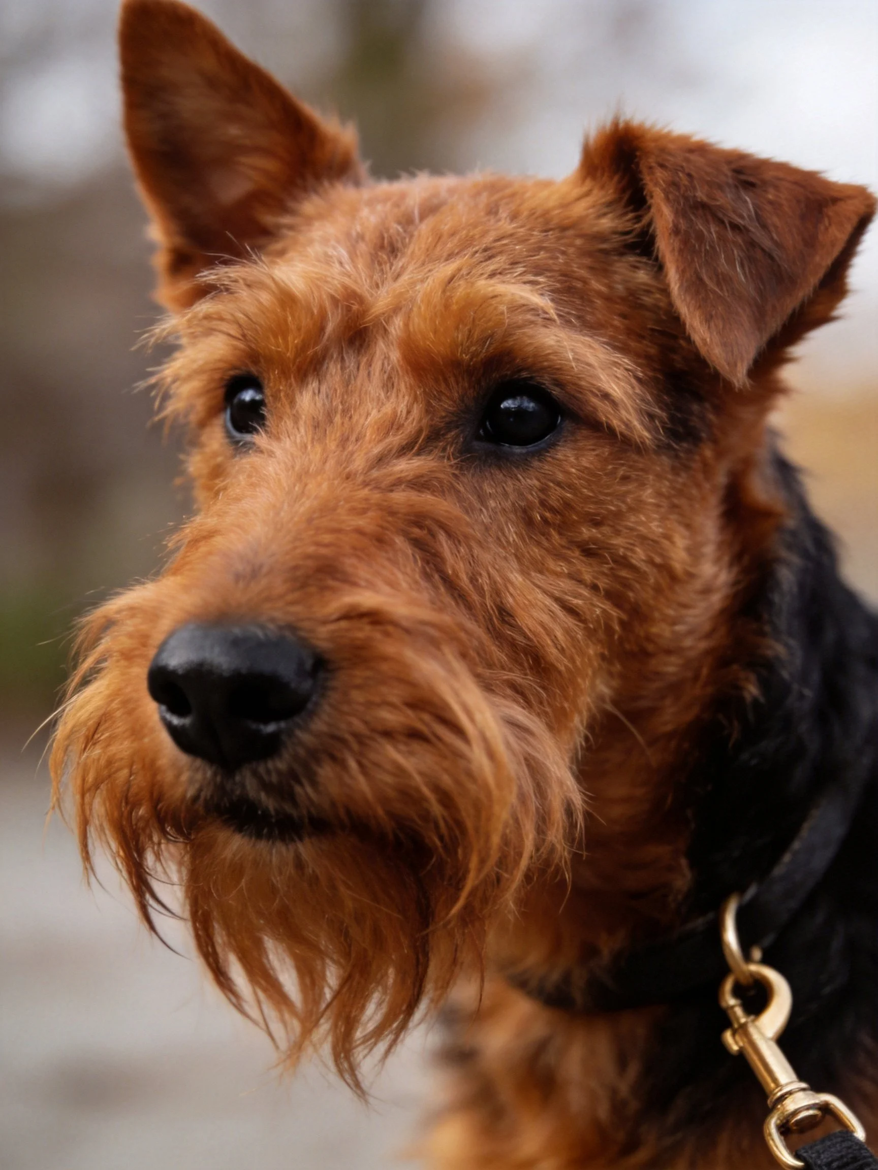A close - up of a brown and black terrier with shaggy fur