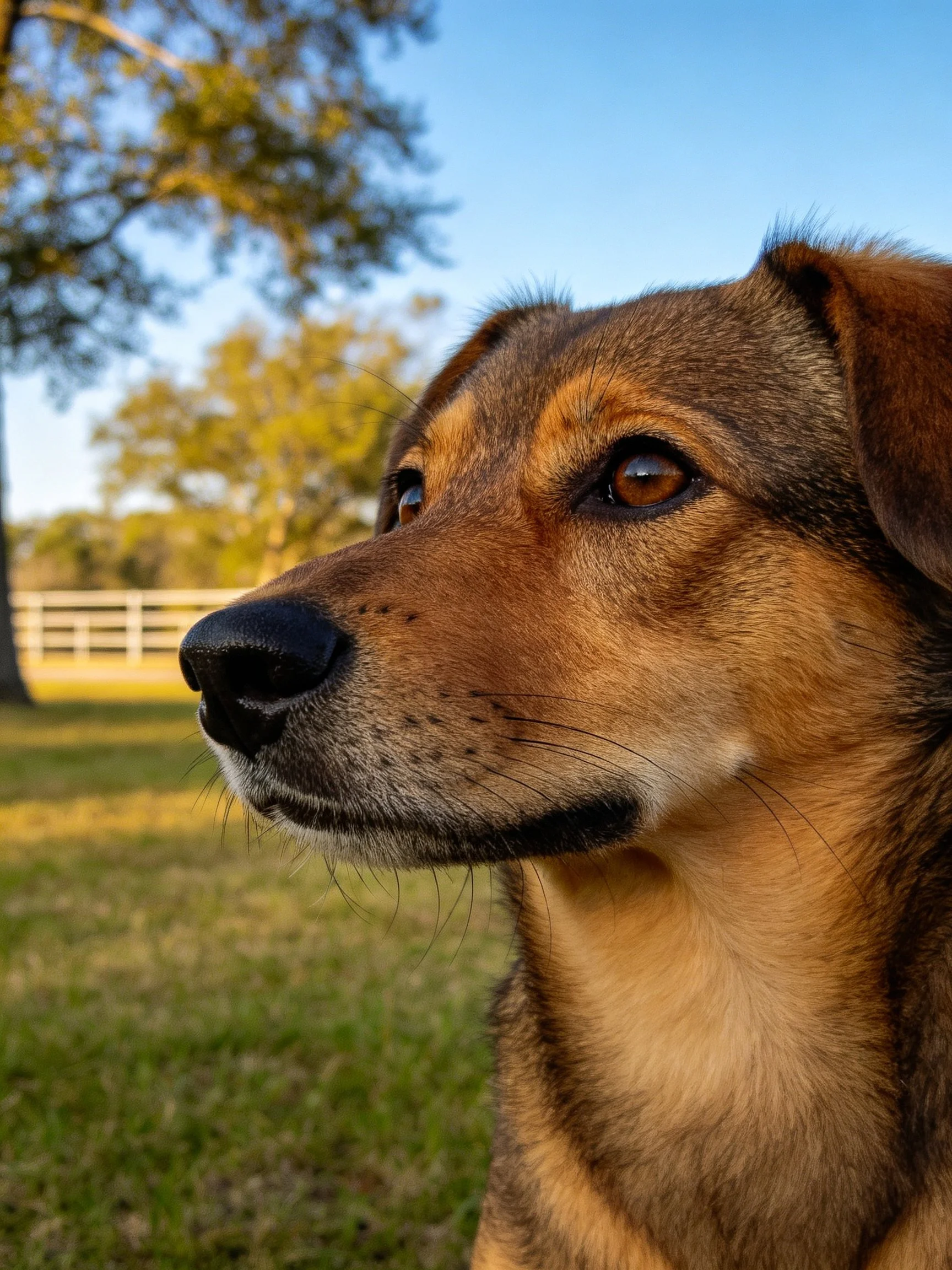 A close - up of a brown and tan dog with natural surroundings in the background.