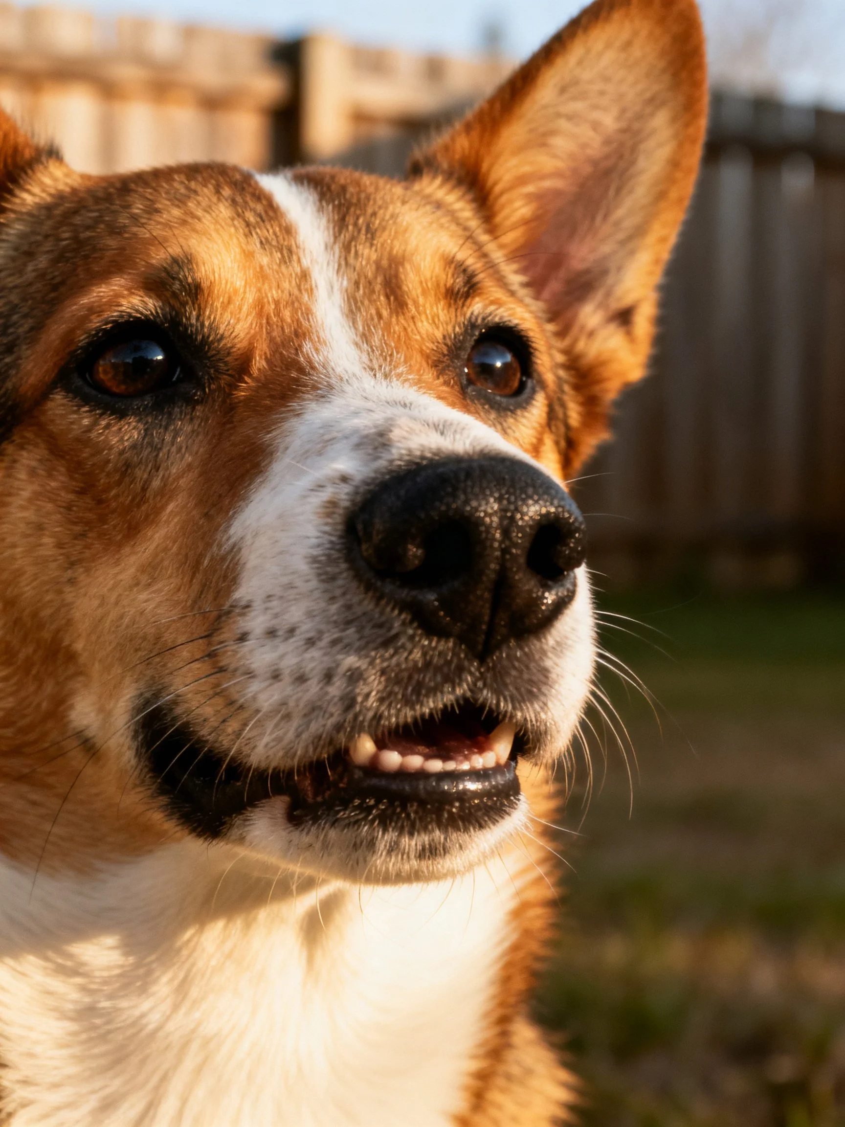A close - up of a brown and white dog with upright ears in an outdoor setting.