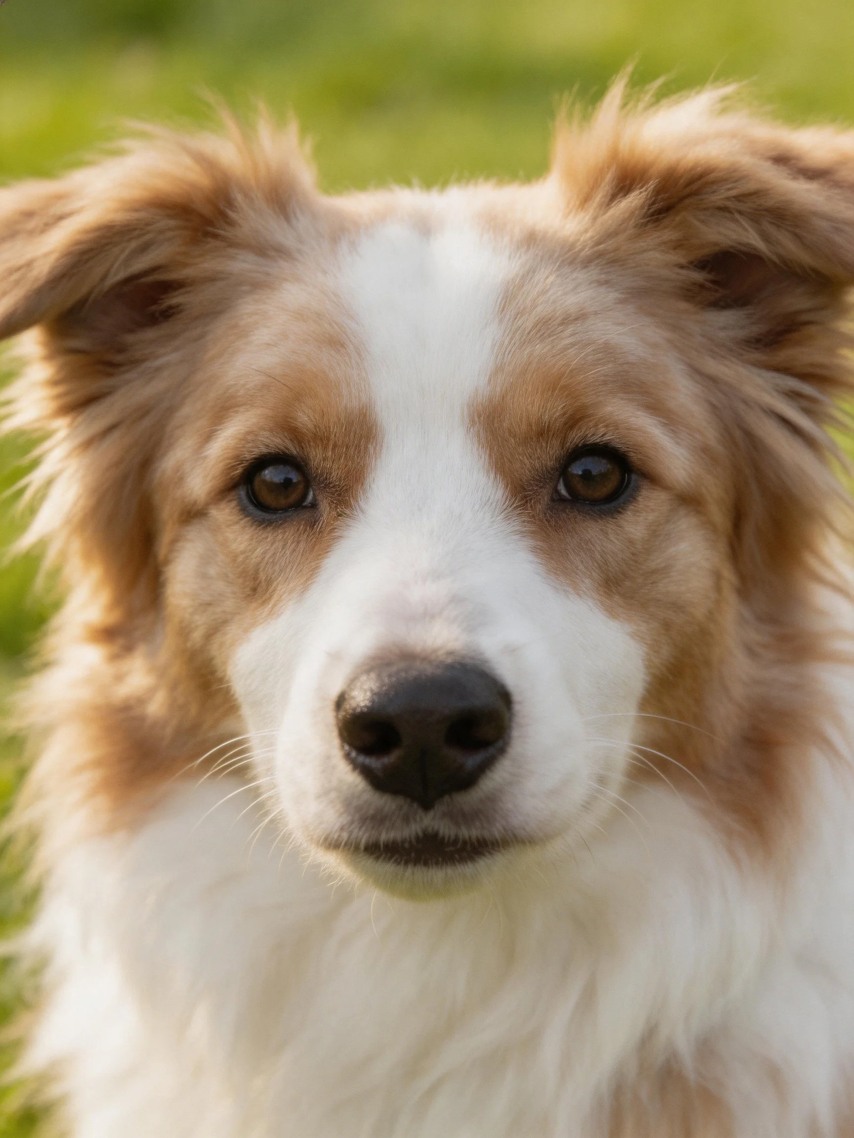 A brown and white fluffy dog looks directly at the camera outdoors.