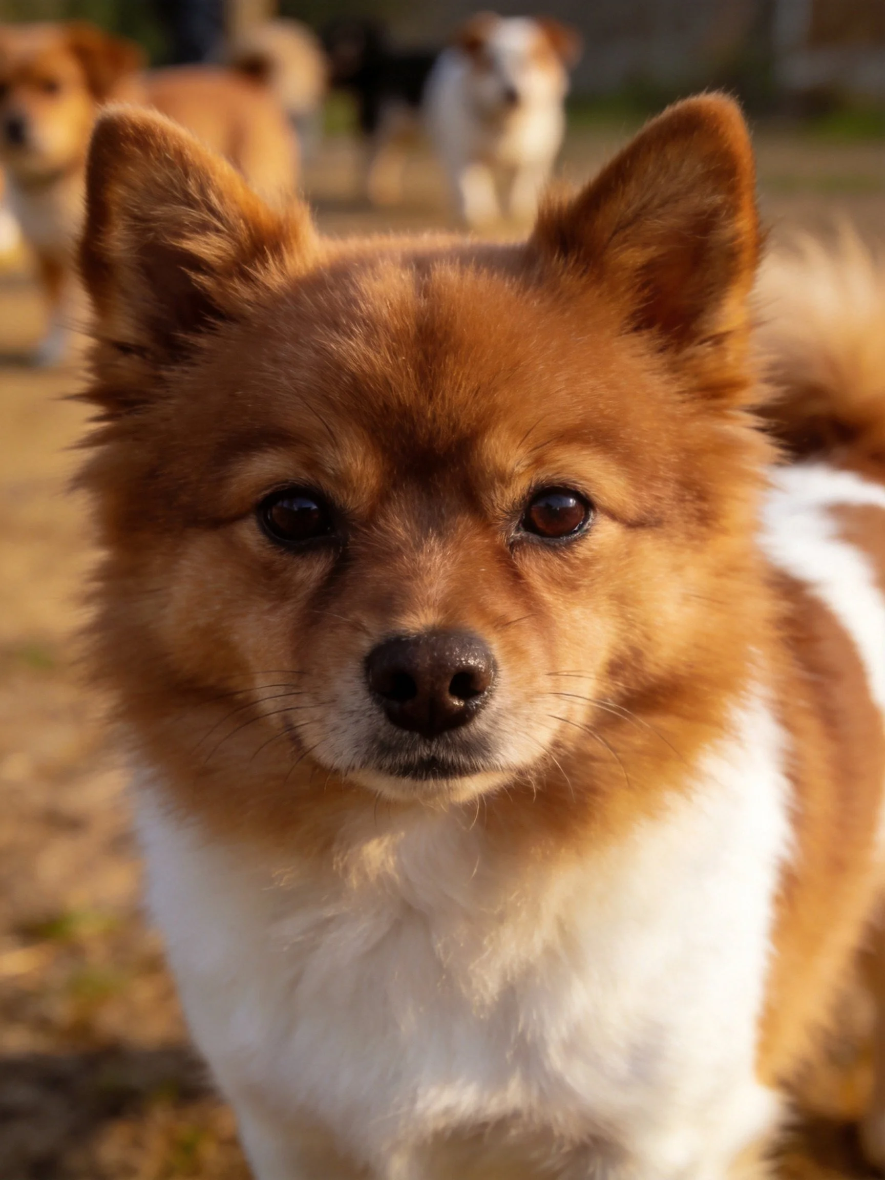 A brown and white fluffy dog is in focus with blurred dogs behind.
