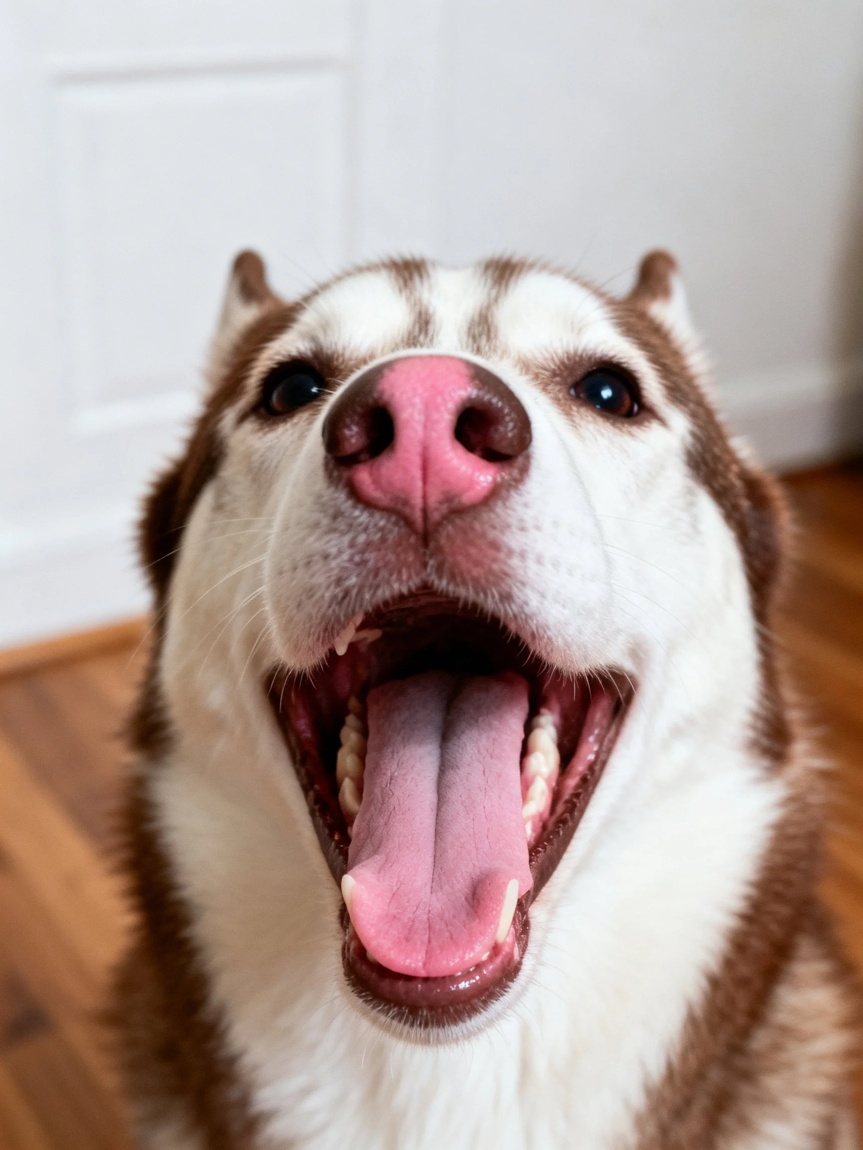 A close - up of a brown and white husky with an open mouth