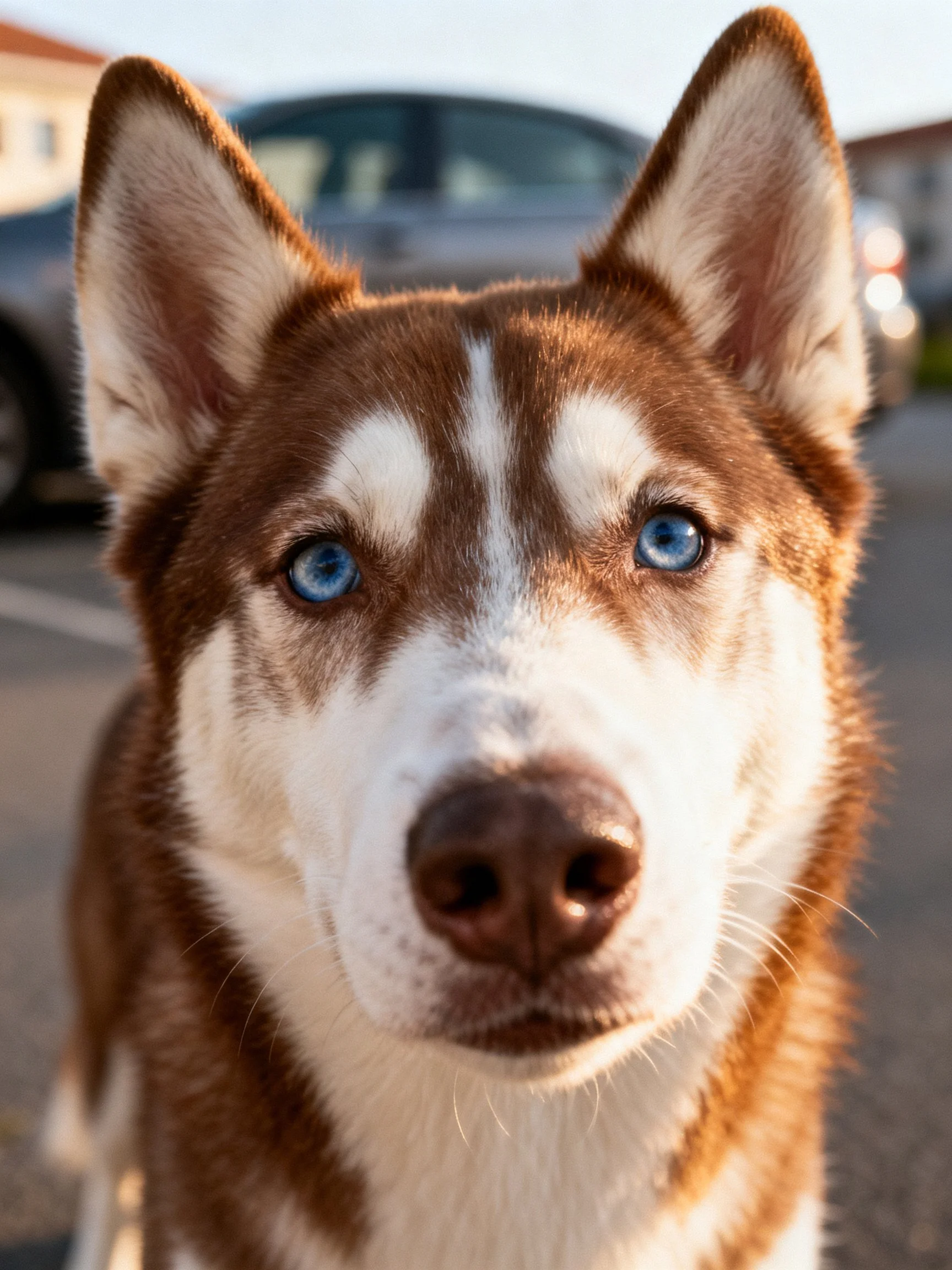 A close - up of a brown and white husky with bright blue eyes near cars