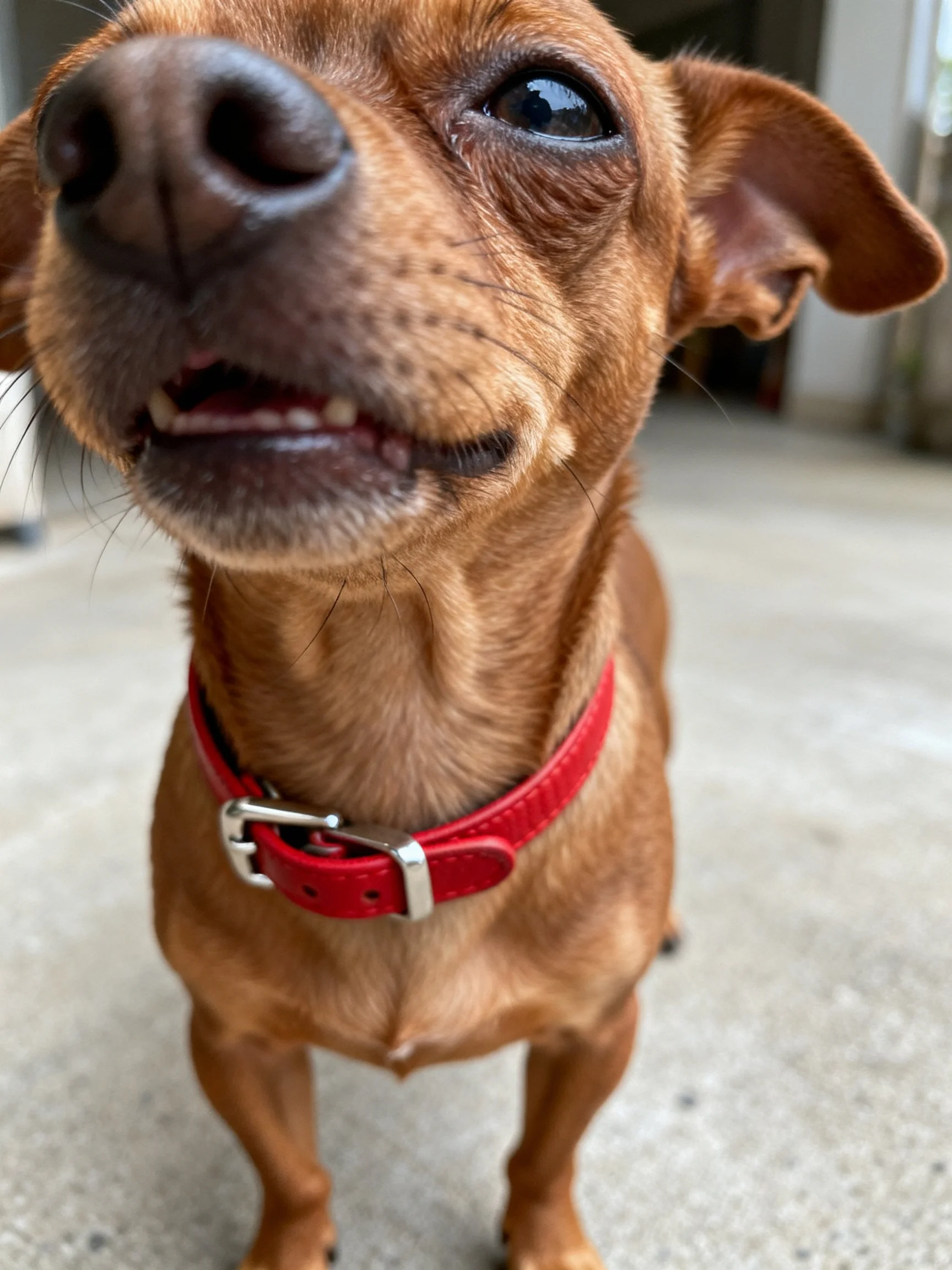 A brown dog with a red collar is captured in a close - up photo.