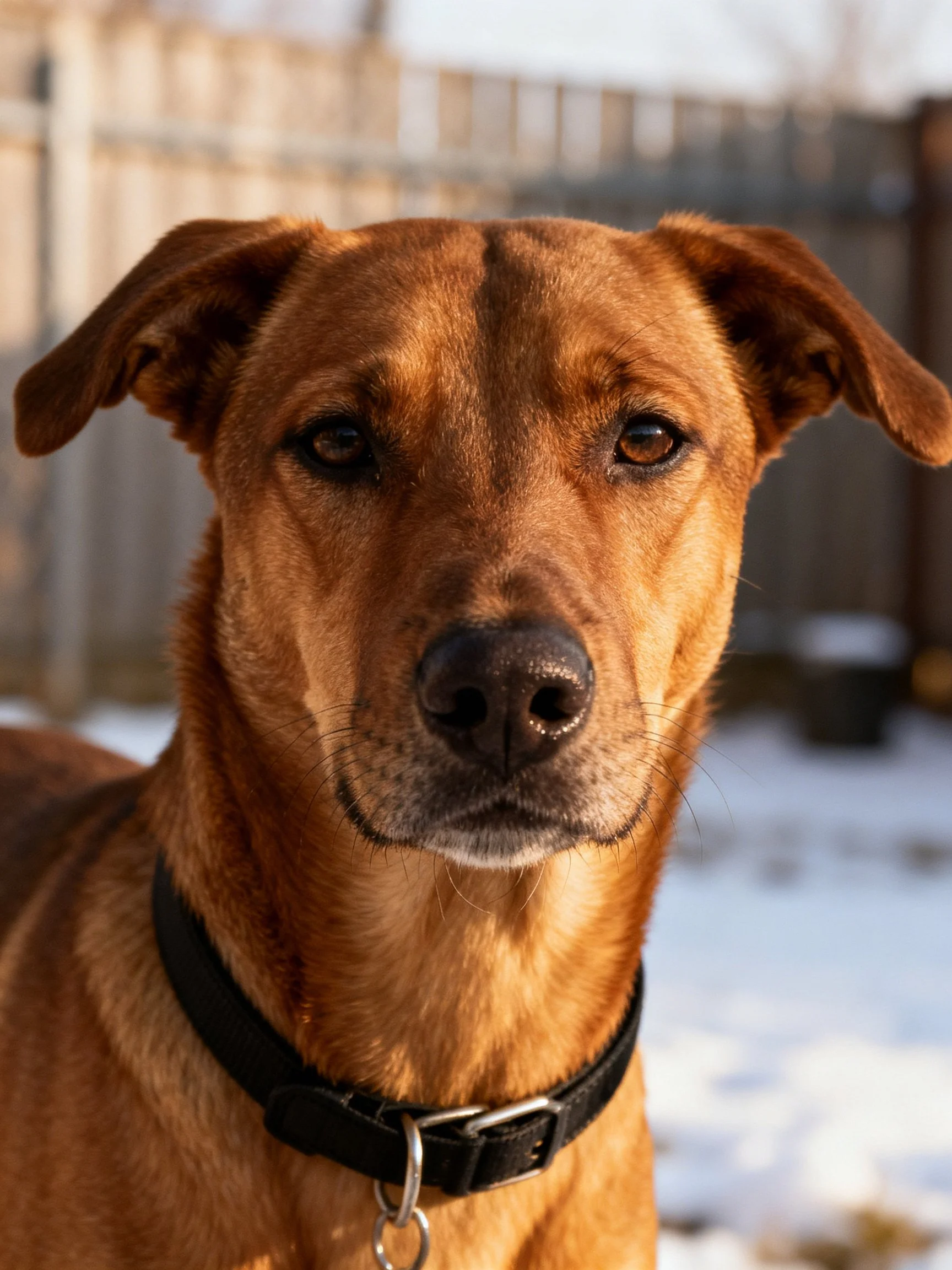A close - up of a brown dog with a black collar outdoors