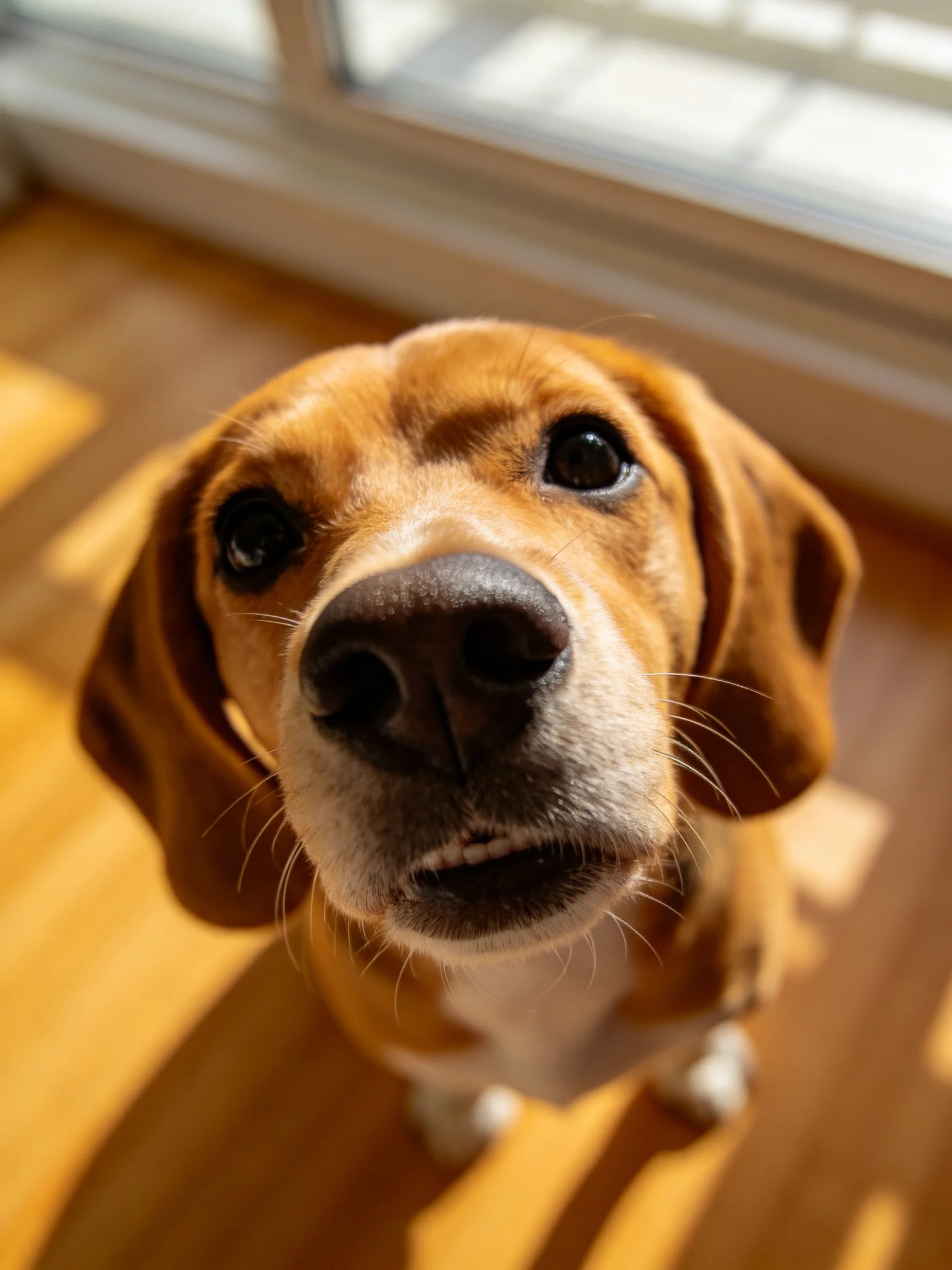 A brown dog gazes upward with large eyes near a window