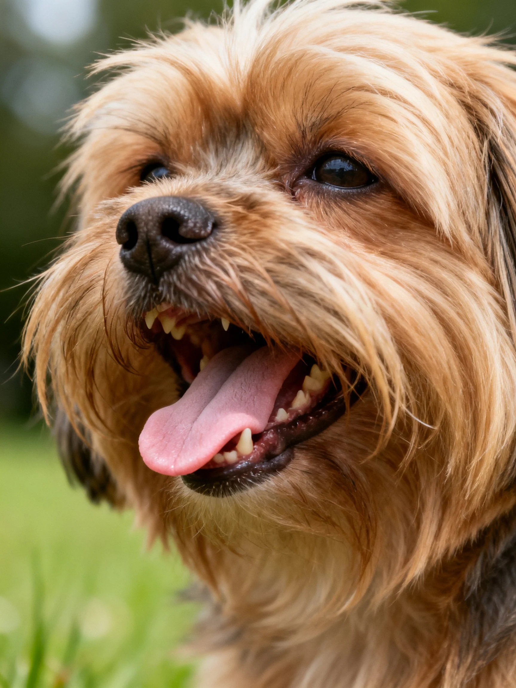 A close - up of a brown, shaggy - coated dog panting outdoors