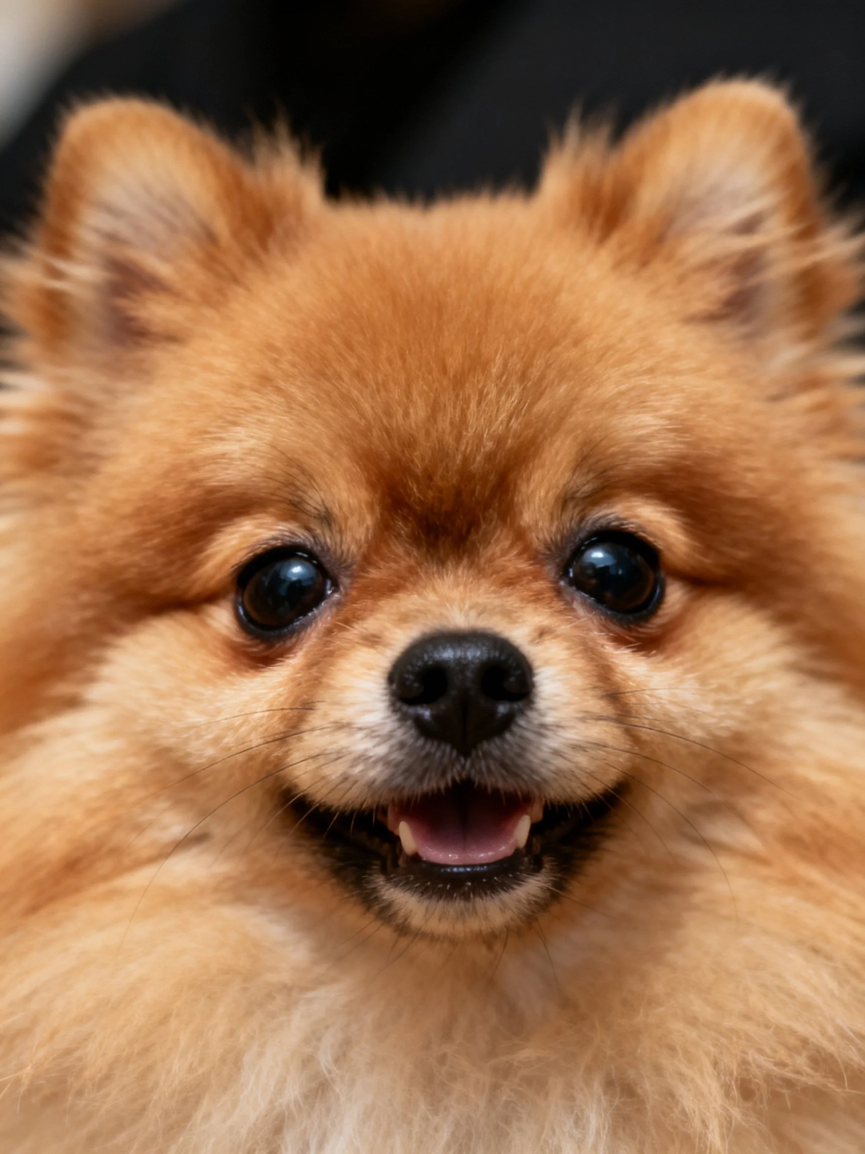 A cheerful reddish-brown Pomeranian shows a happy expression with bright eyes.