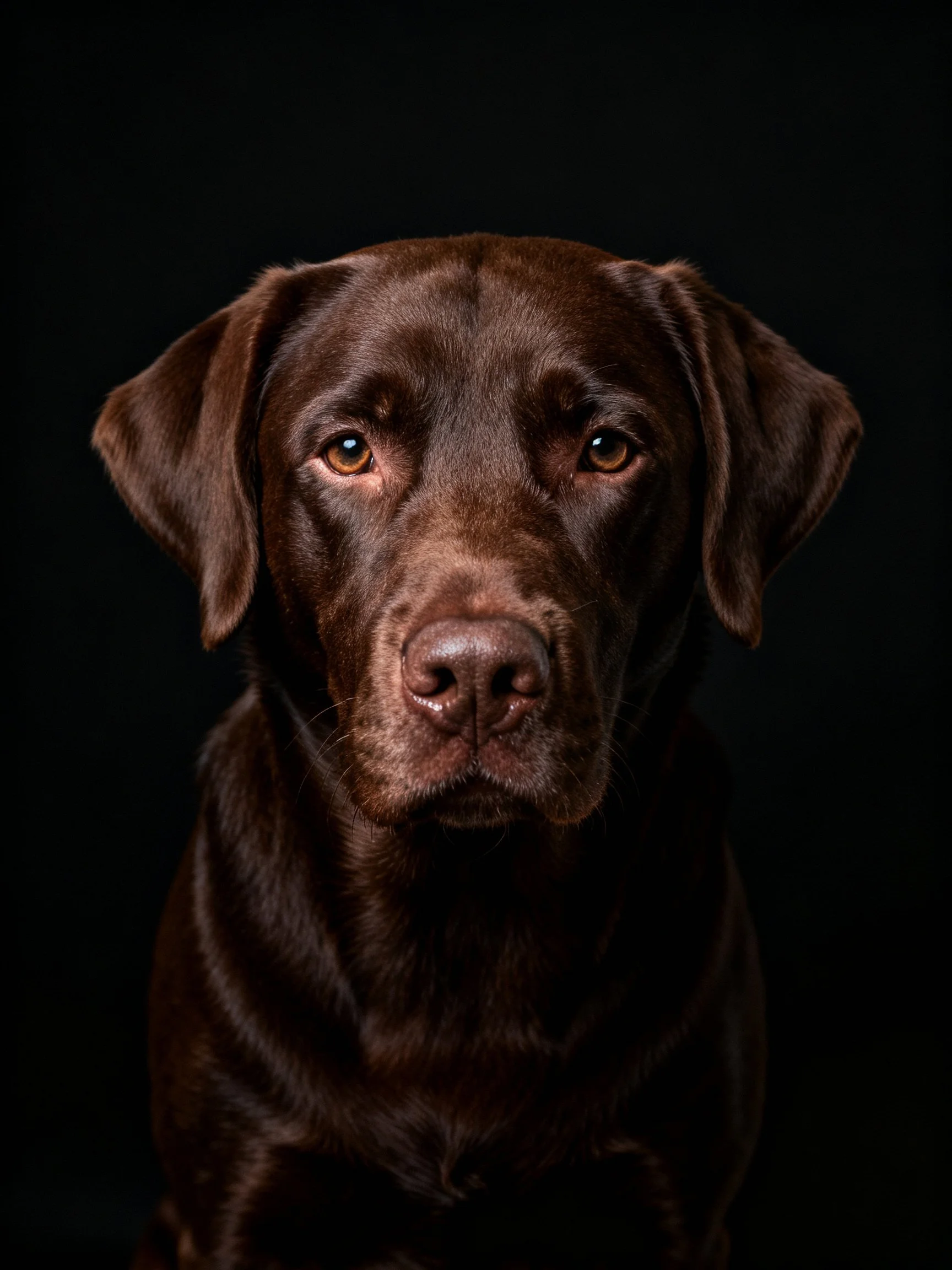 A close-up of a chocolate Labrador retriever with a black backdrop