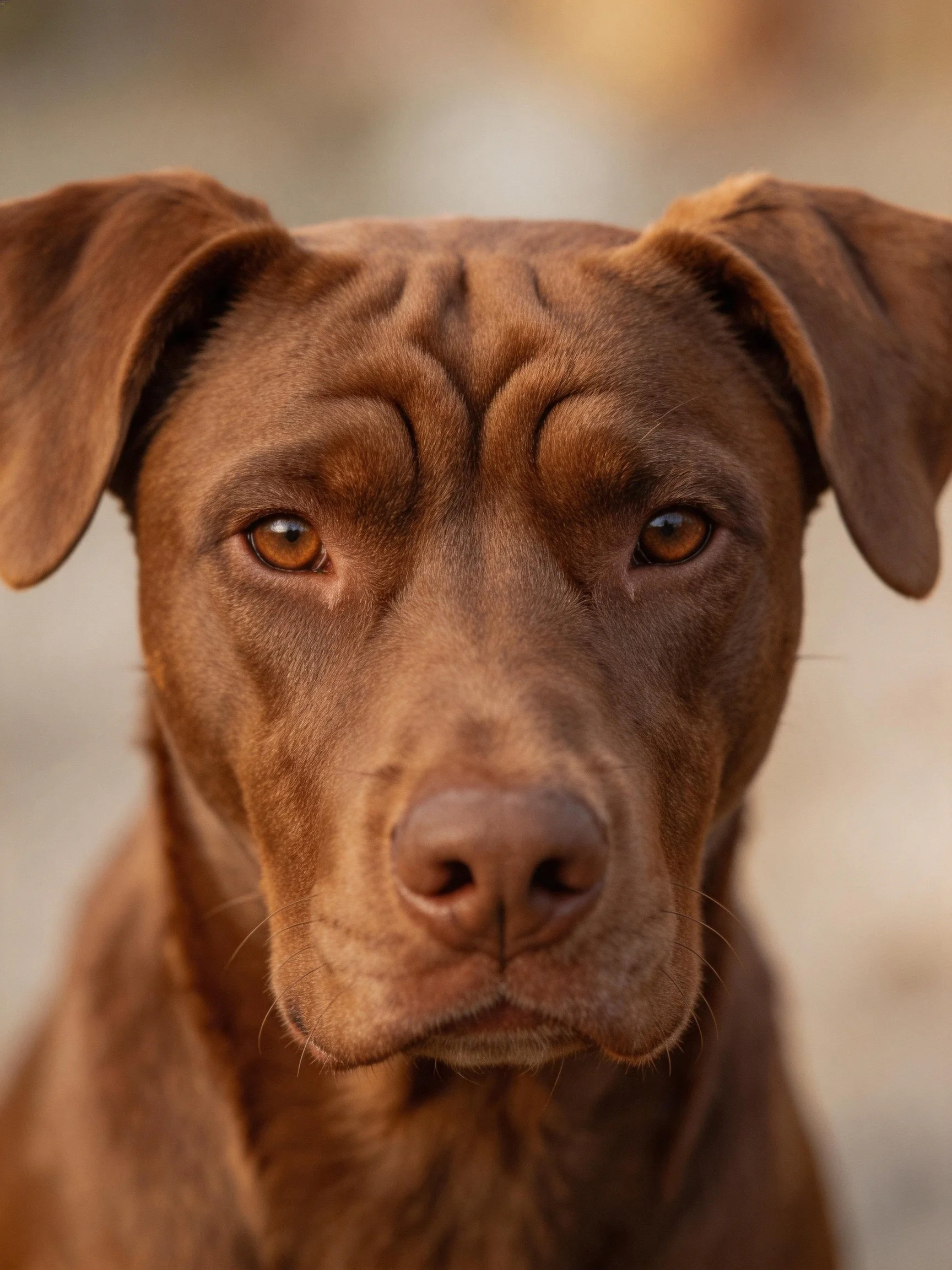 A close - up of a chocolate - brown dog with floppy ears