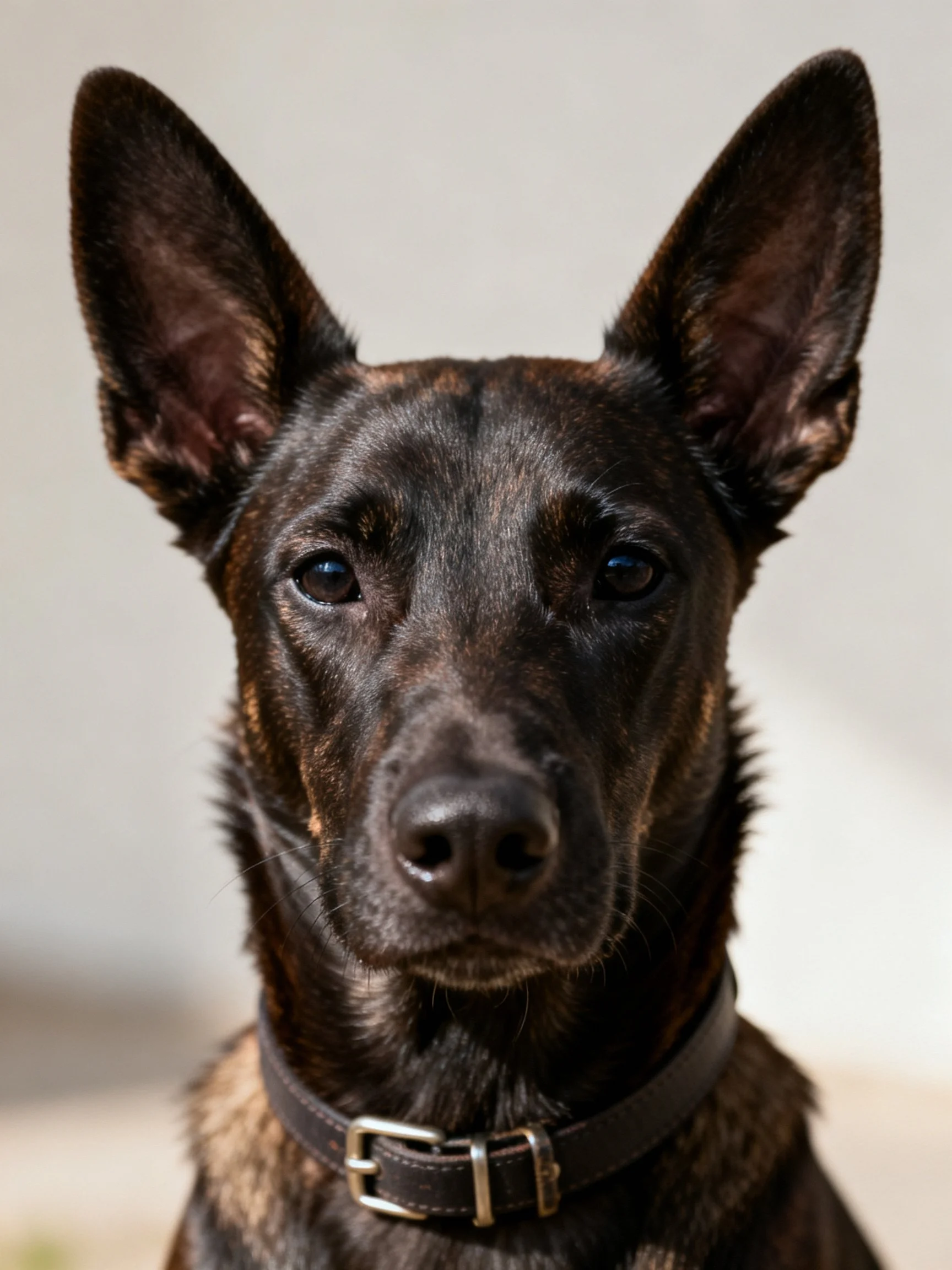 A dark brown dog with upright ears wears a collar in a close-up shot.