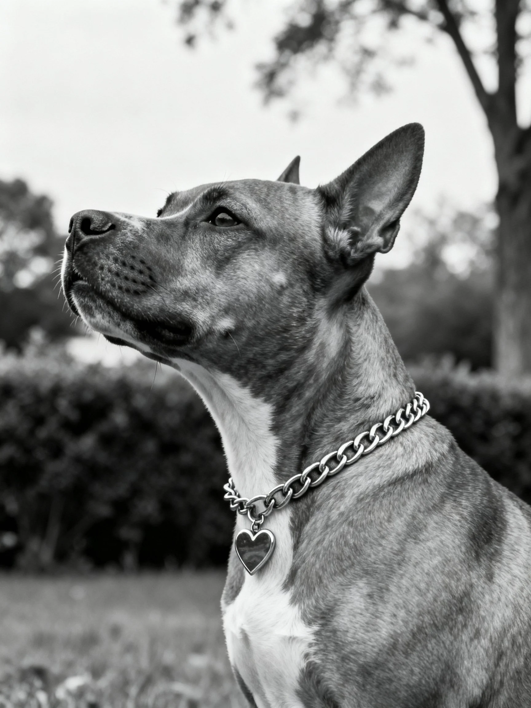 A close-up of a dog with a thick chain collar in a monochrome outdoor scene