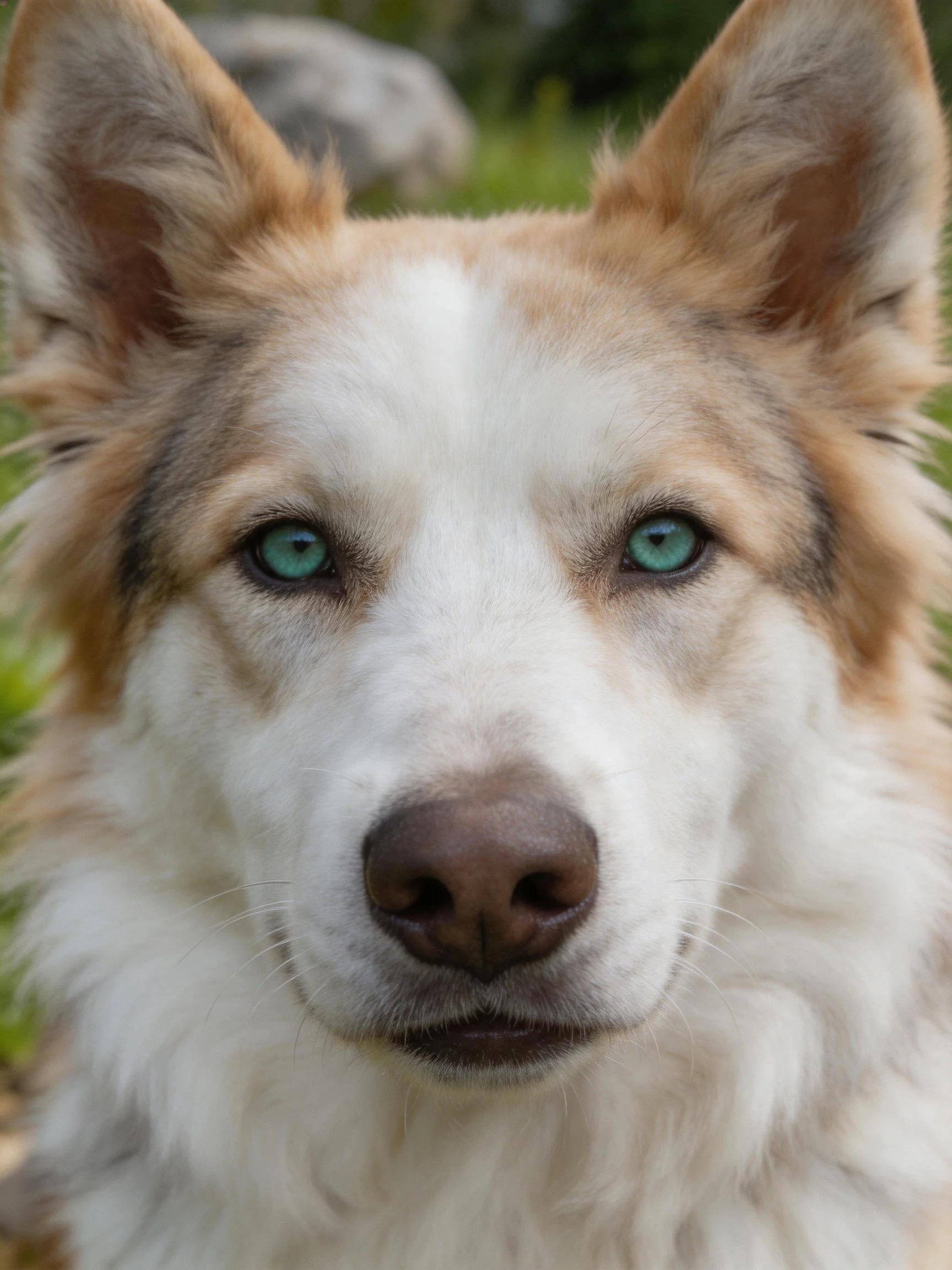 A dog with turquoise eyes and white - tan fur is photographed up close in nature.