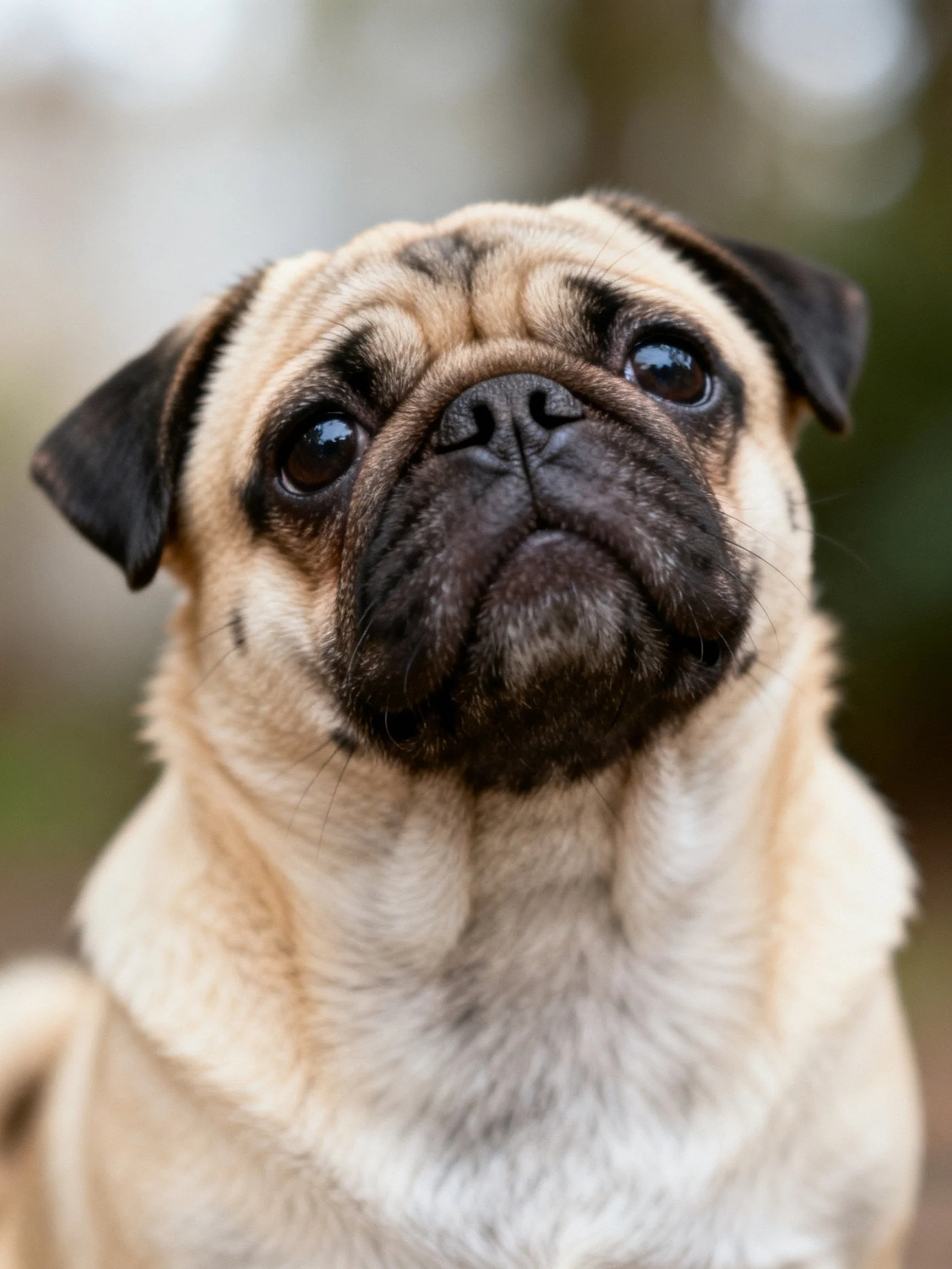 A close - up of a pug with a fawn coat and dark facial markings.