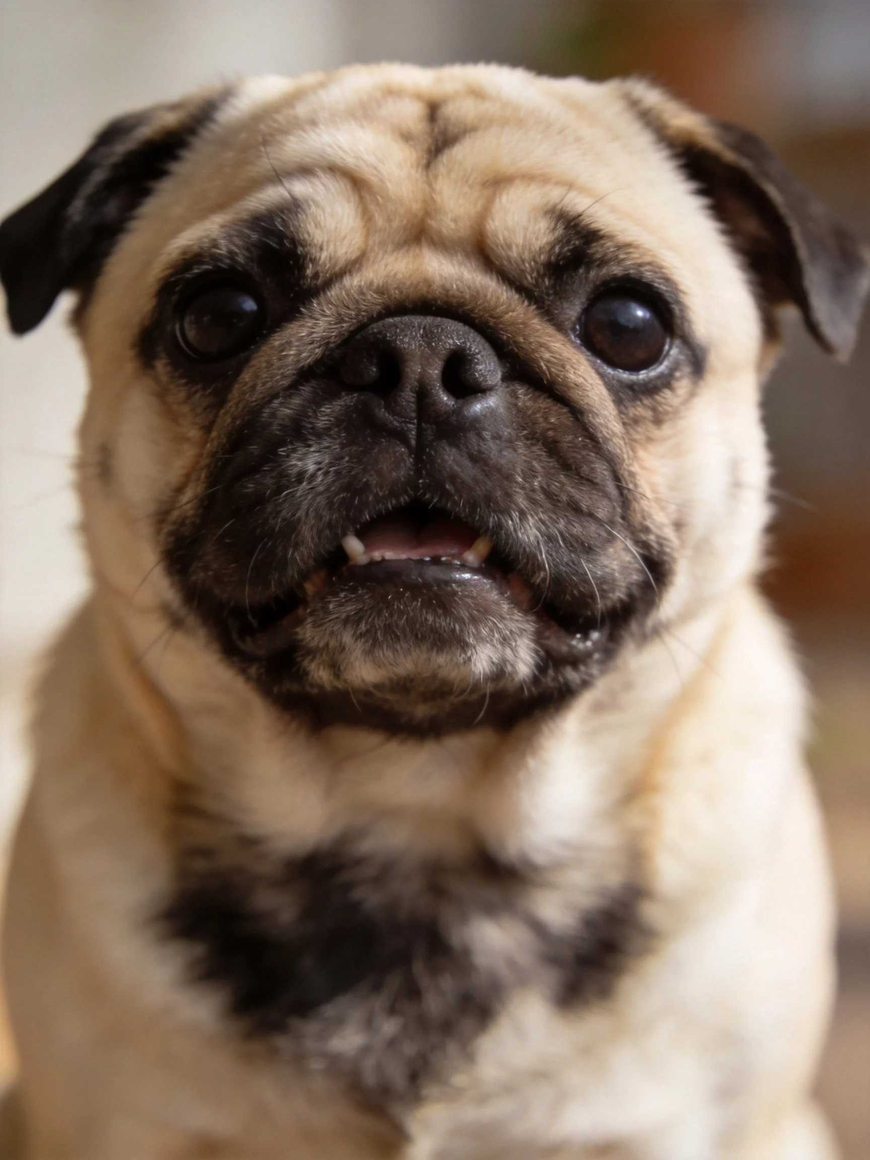 A close-up view of a fawn pug with dark facial features gazing toward the camera.