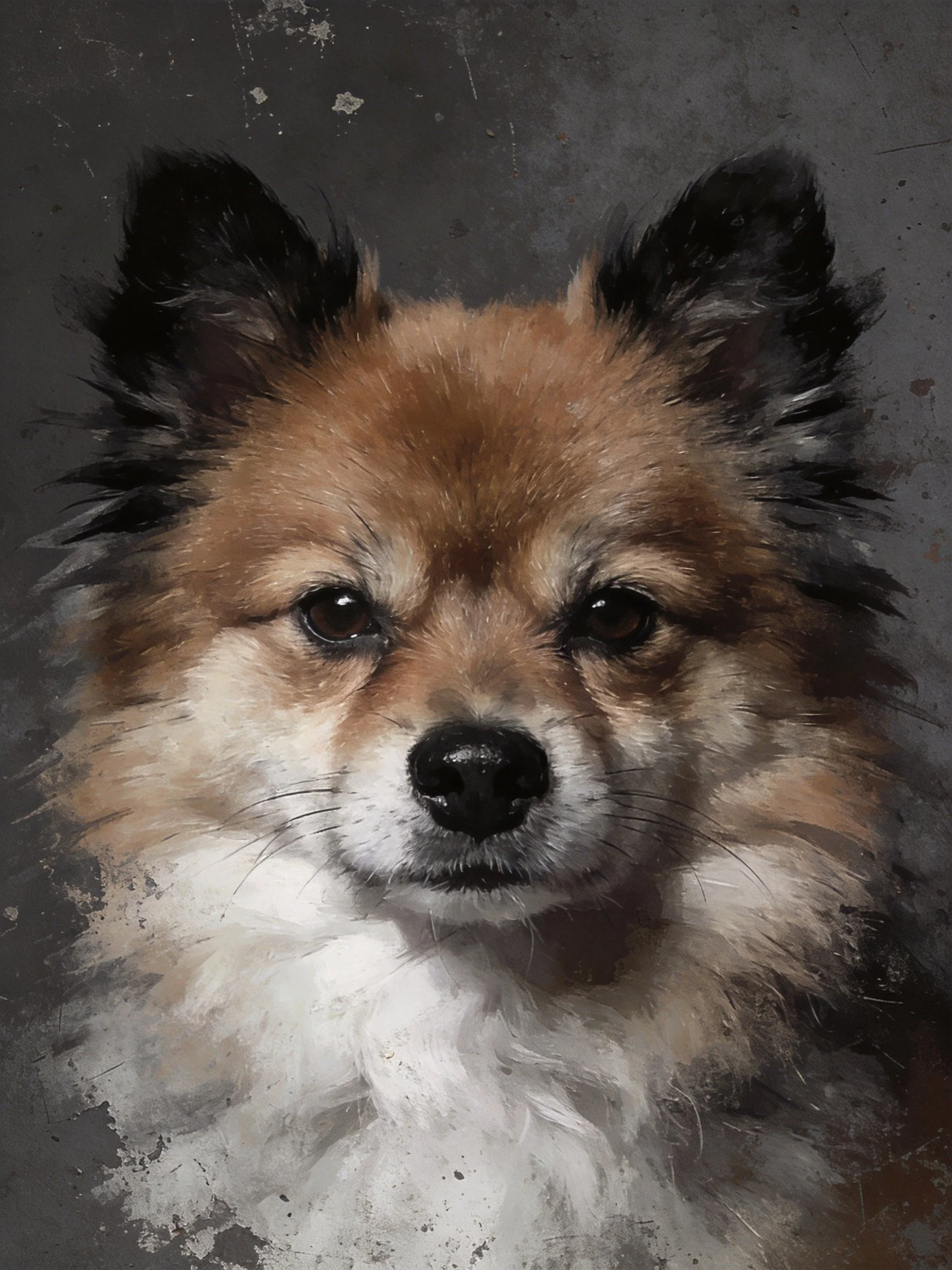 A close-up of a fluffy brown and white dog with black ears against a dark textured background.