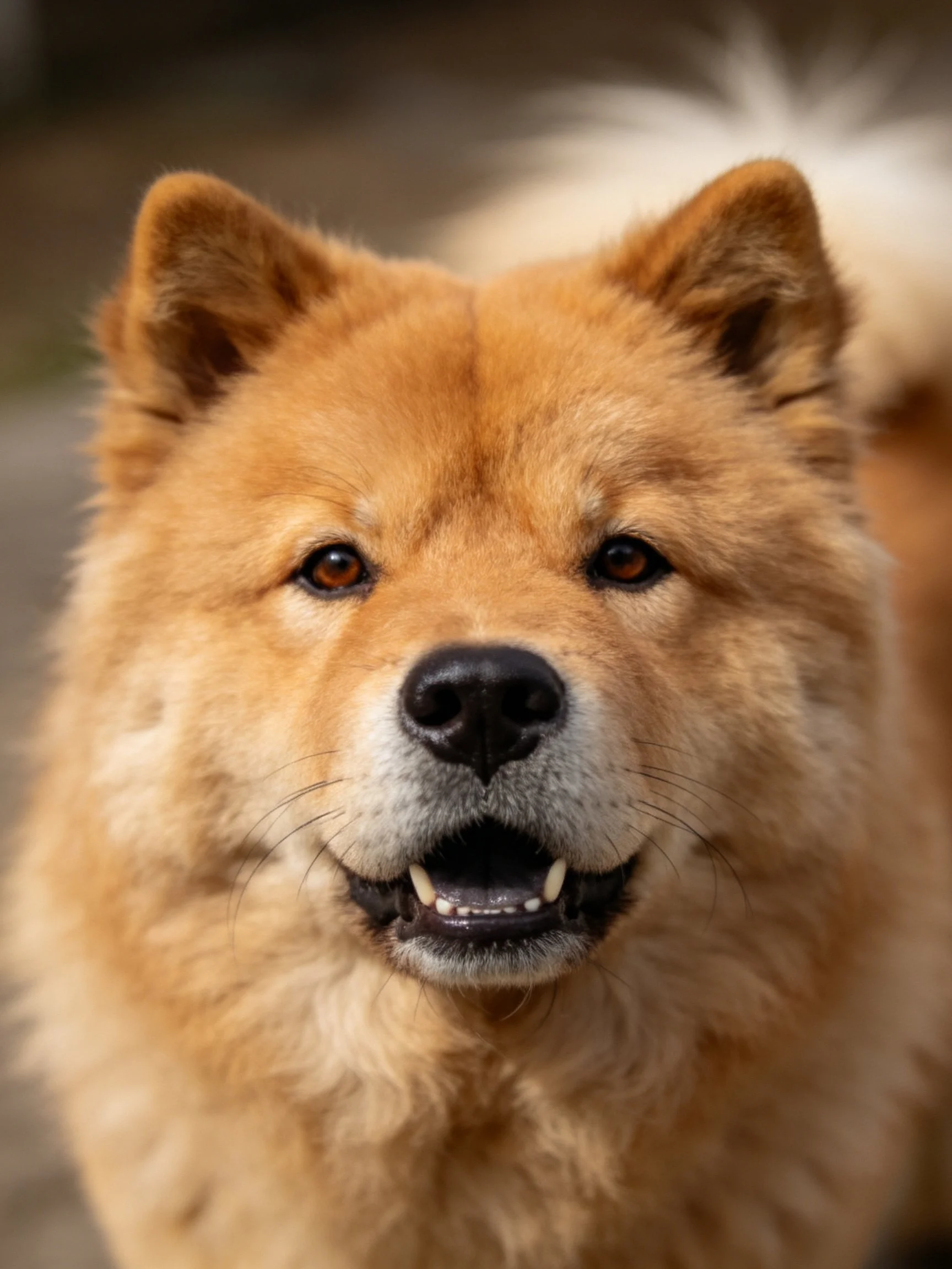 A close-up of a fluffy tan Chow with upright ears