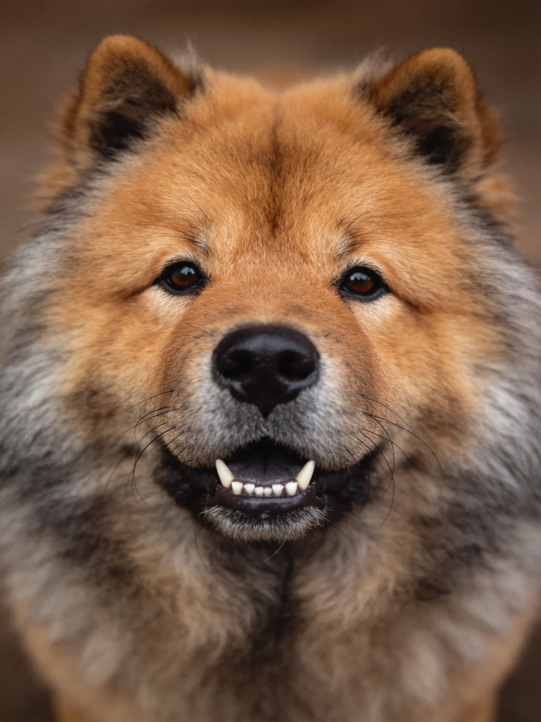 An up - close view of a Chow dog with thick tan and gray fur.
