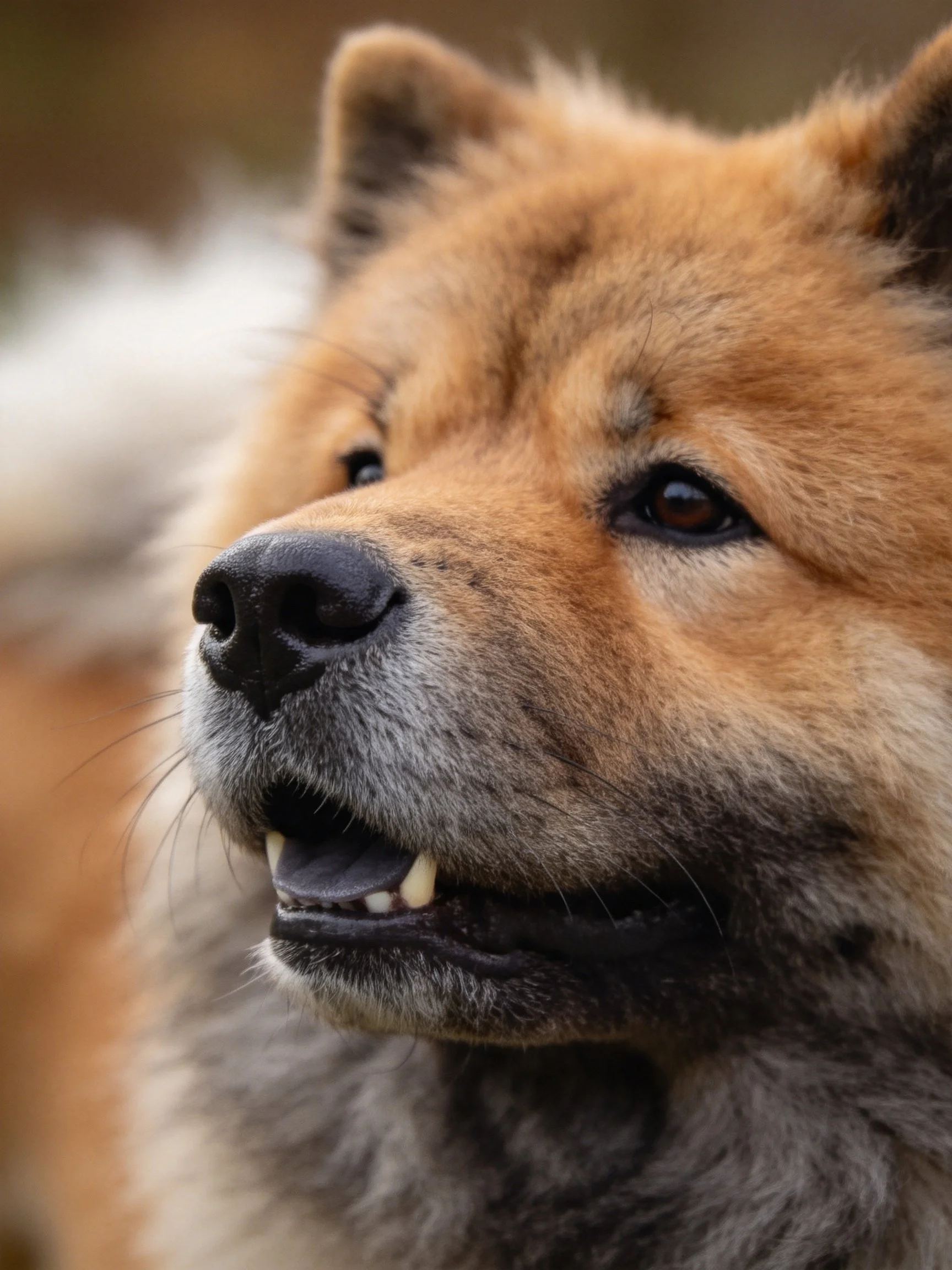 A close - up of a fluffy tan and gray Chow dog with dark eyes