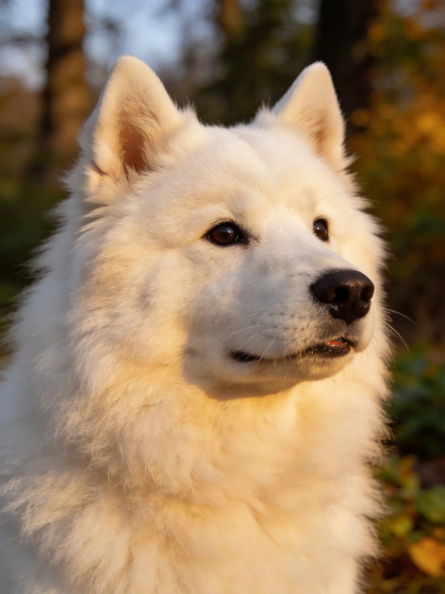 A fluffy white Samoyed dog is photographed up close in an outdoor forest environment.
