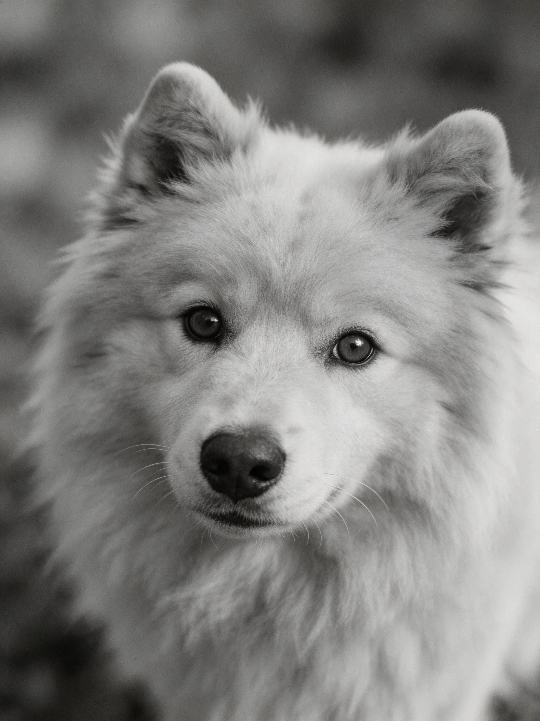 A close - up of a fluffy white dog in monochrome